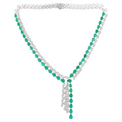 Birne Natürlicher Smaragd Edelstein Halskette Baguette Diamant 18 Karat Weißgold