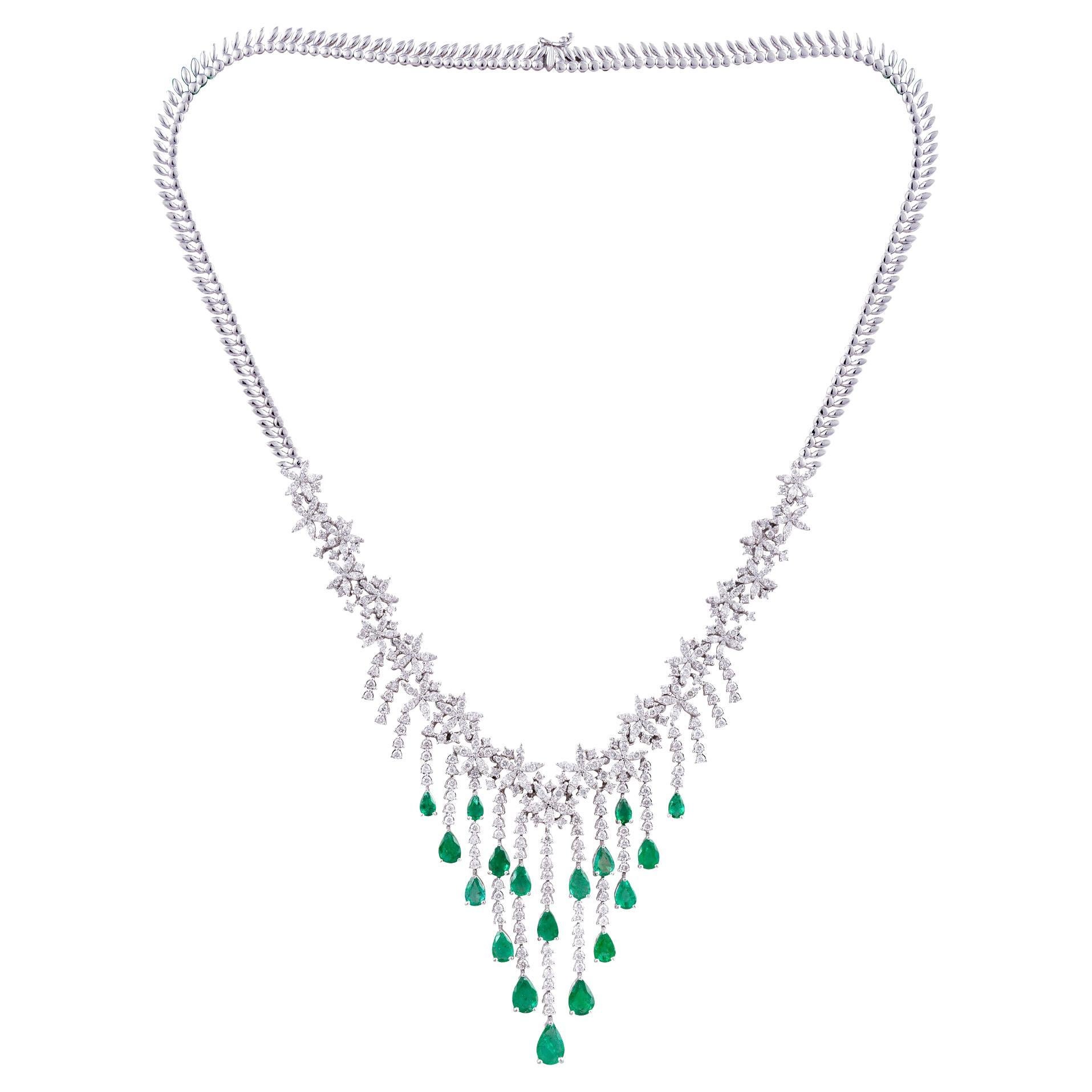 Pear Natural Emerald Gemstone Necklace Diamond Solid 18k White Gold