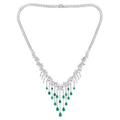 Pear Natural Emerald Gemstone Necklace Diamond Solid 14k White Gold Fine Jewelry