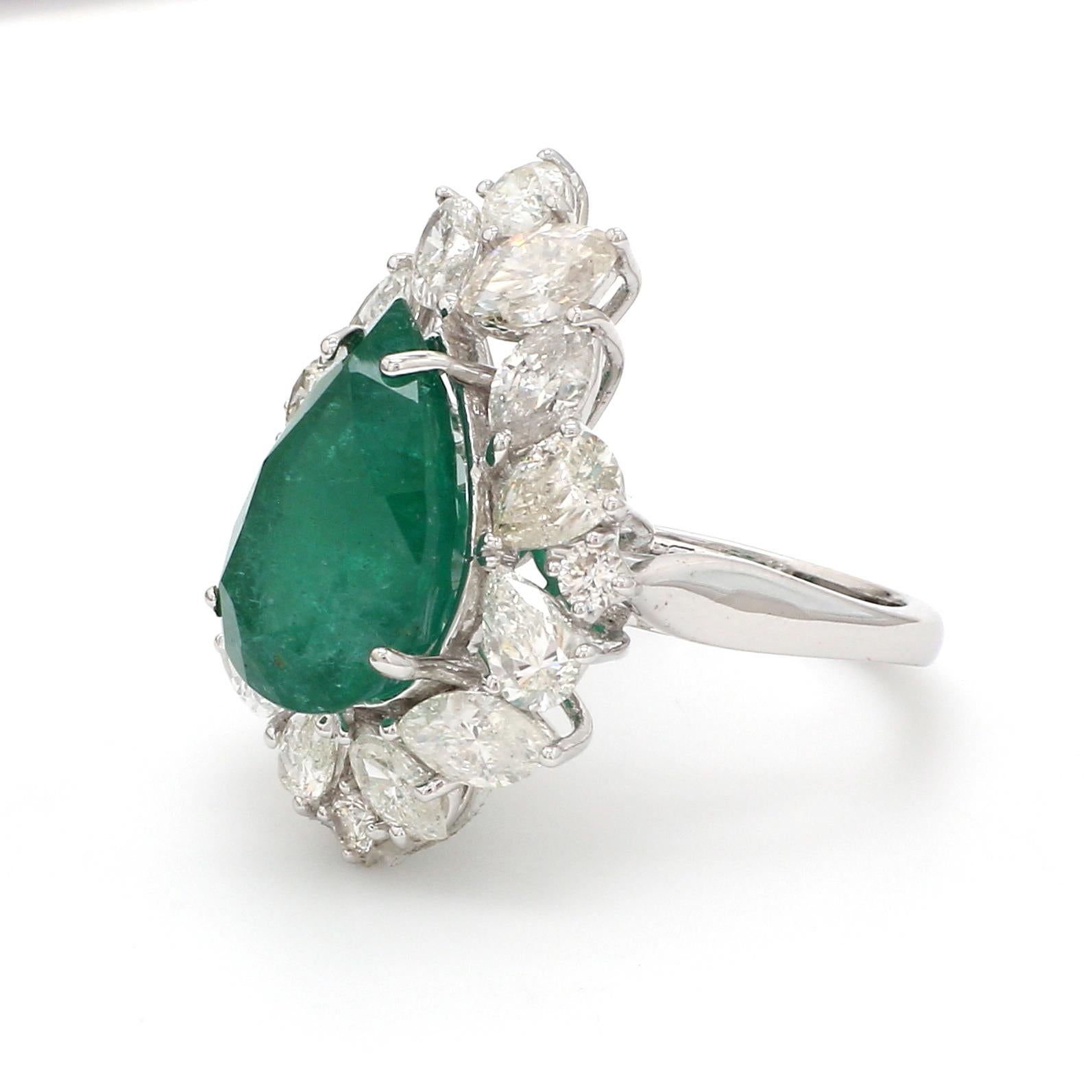 For Sale:  Pear Natural Emerald Gemstone Ring Diamond Solid 18k White Gold Fine Jewelry 6