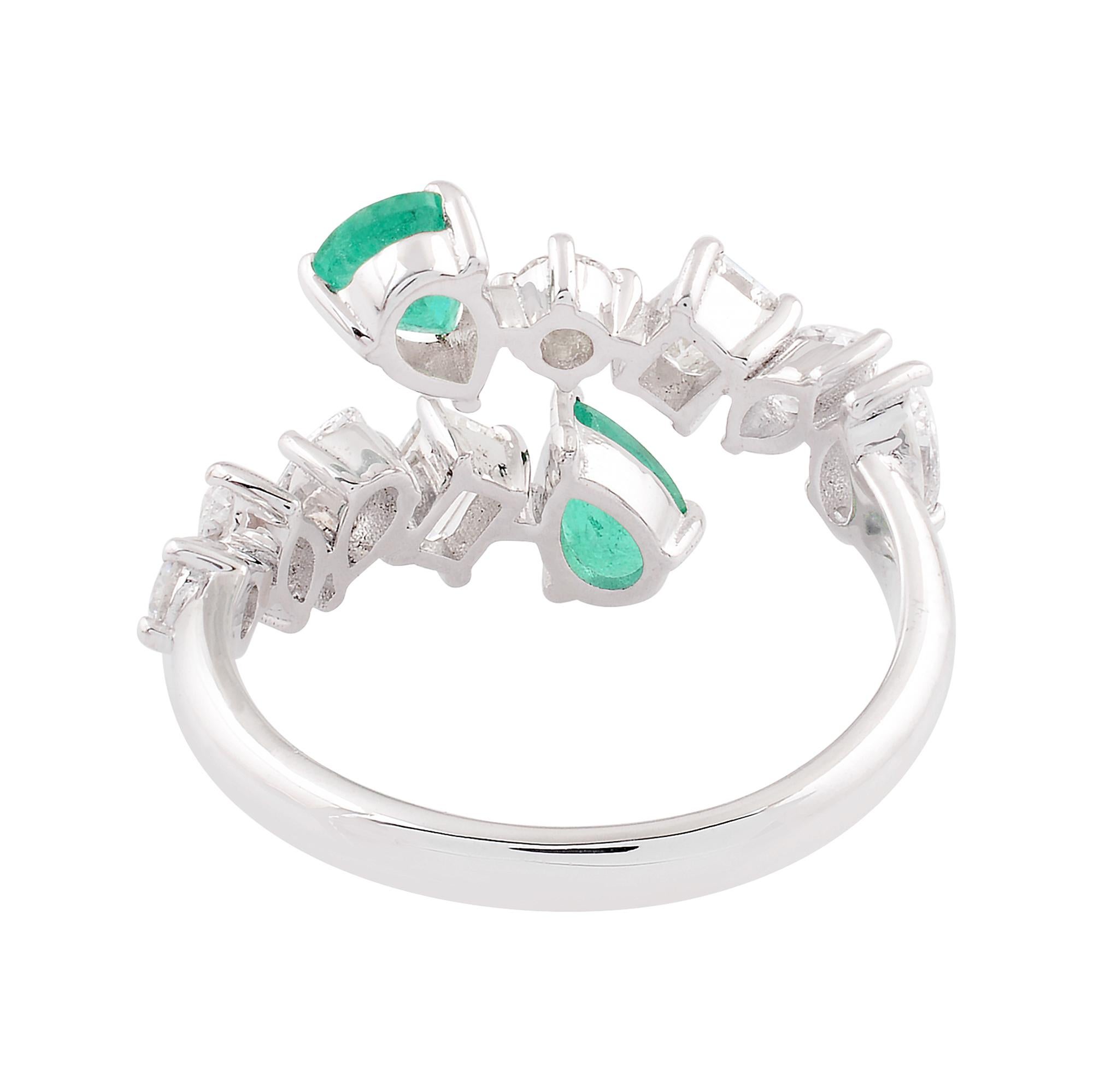 Modern Pear Natural Emerald Gemstone Wrap Cuff Ring Diamond 18K White Gold Fine Jewelry For Sale