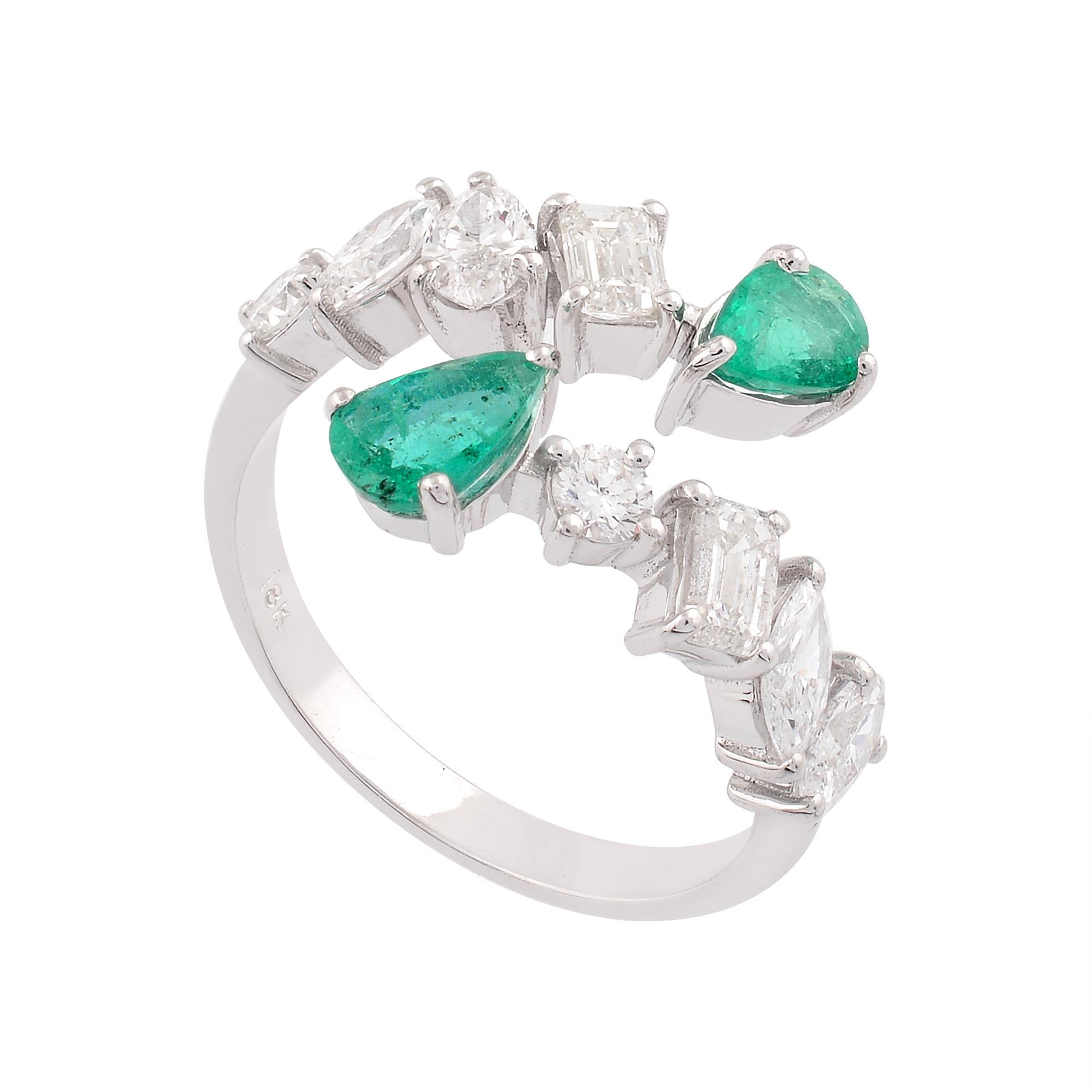 Pear Cut Pear Natural Emerald Gemstone Wrap Cuff Ring Diamond 18K White Gold Fine Jewelry For Sale