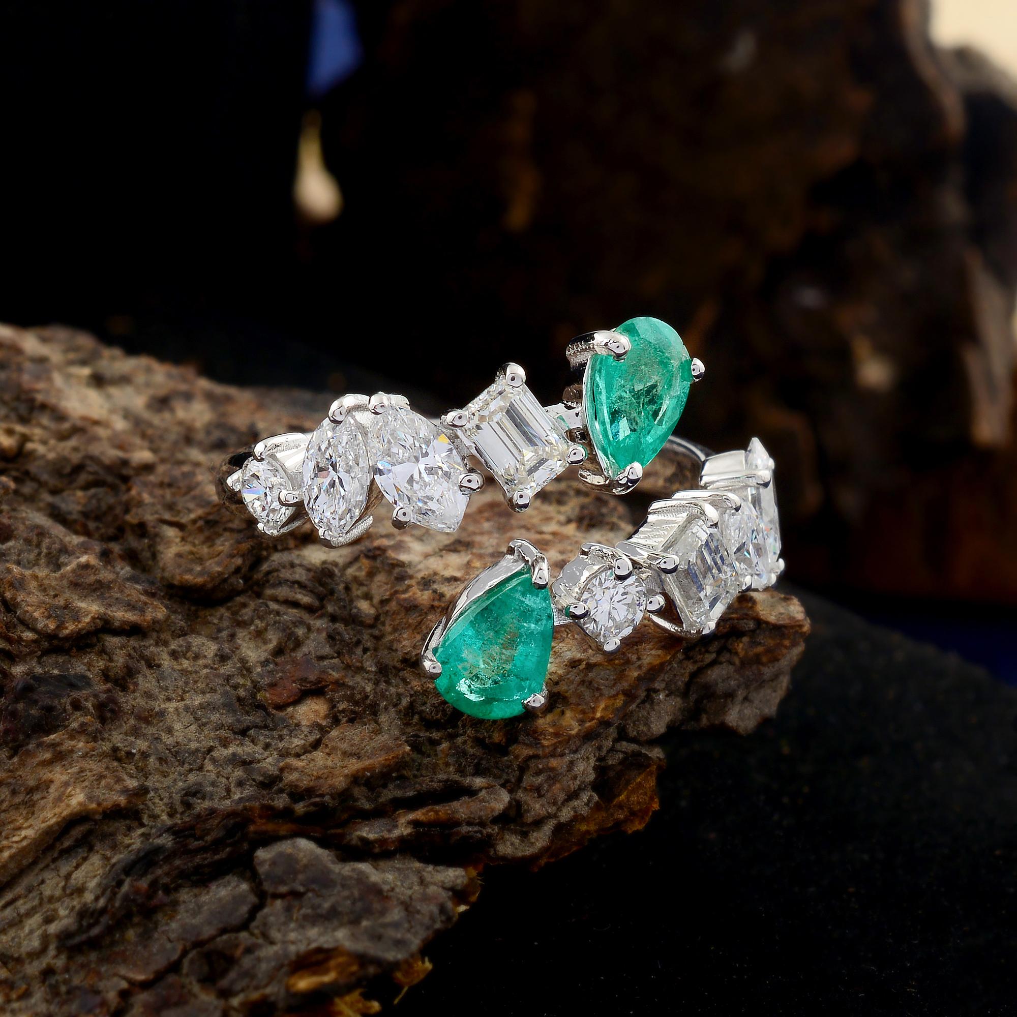 Women's Pear Natural Emerald Gemstone Wrap Cuff Ring Diamond 18K White Gold Fine Jewelry For Sale