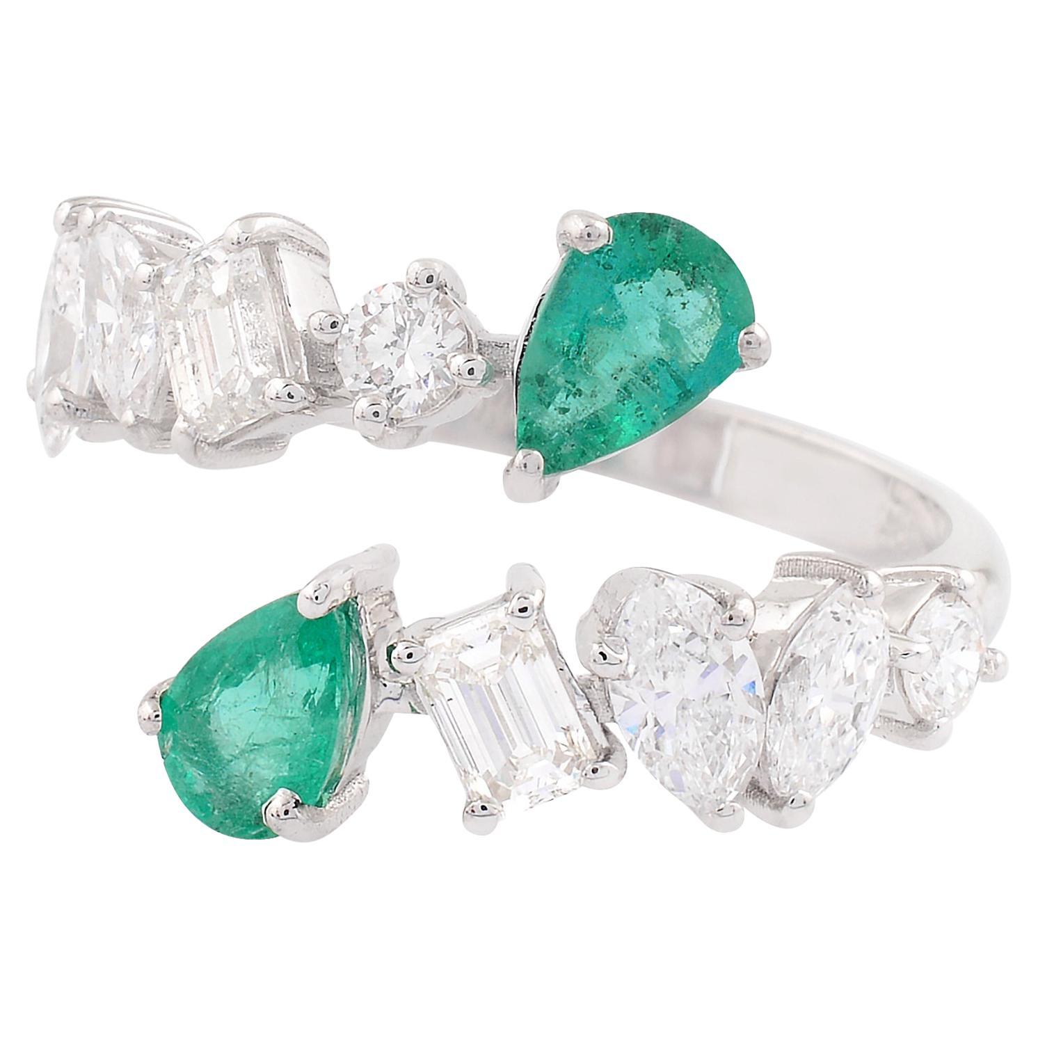 Pear Natural Emerald Gemstone Wrap Cuff Ring Diamond 18K White Gold Fine Jewelry