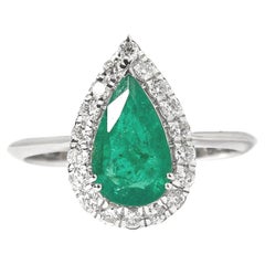 Pear Natural Emerald Halo Diamond Promise Ring in 14k Solid Gold (Certified)