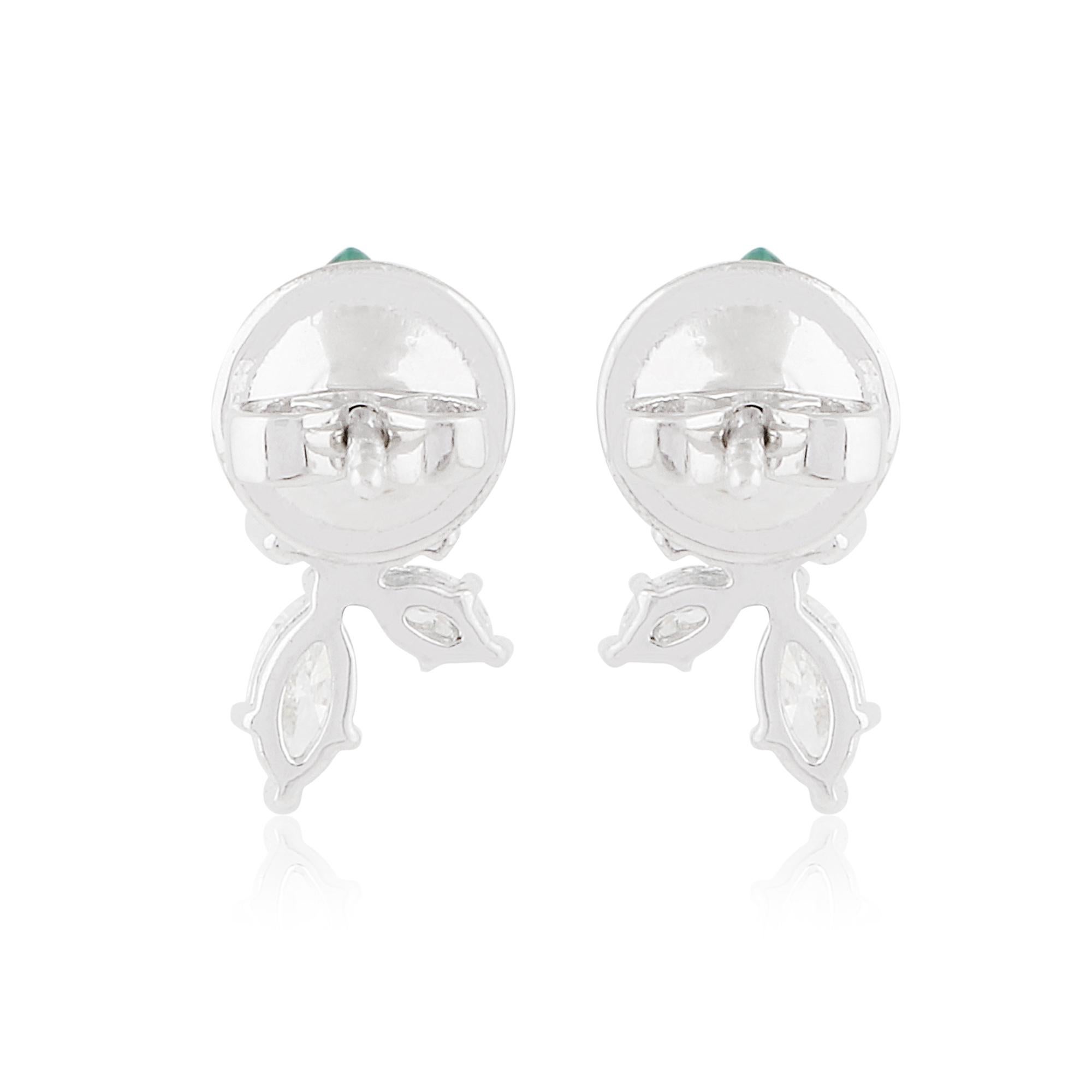 Pear Natural Emerald Stud Earrings Diamond 14k White Gold Fine Handmade Jewelry For Sale 1