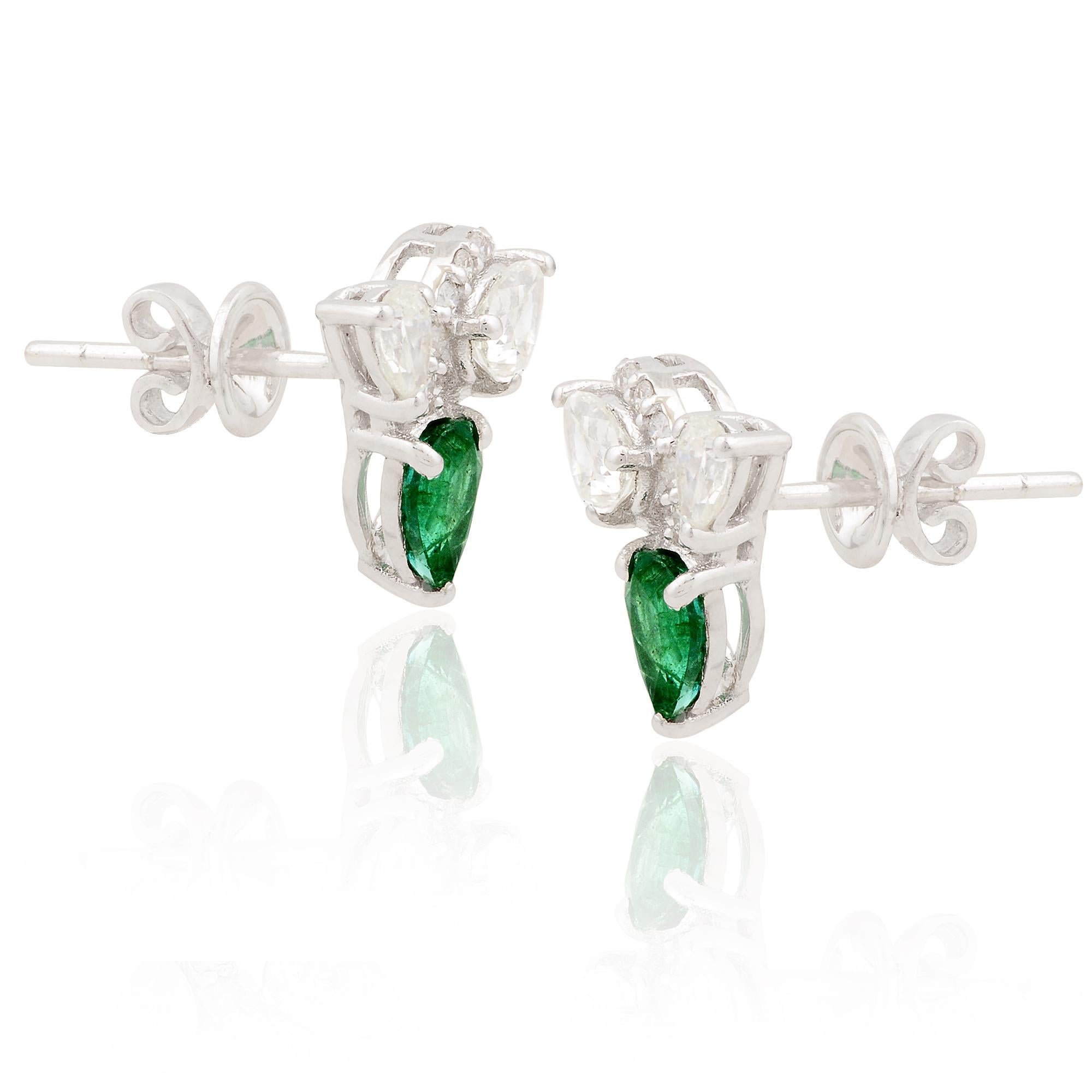 Women's Zambian Pear Emerald Stud Earrings Diamond Solid 14k White Gold Handmade Jewelry For Sale