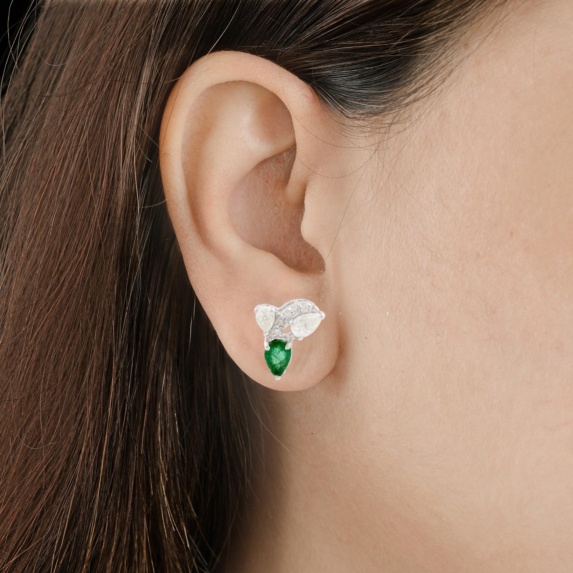 Zambian Pear Emerald Stud Earrings Diamond Solid 14k White Gold Handmade Jewelry For Sale 1