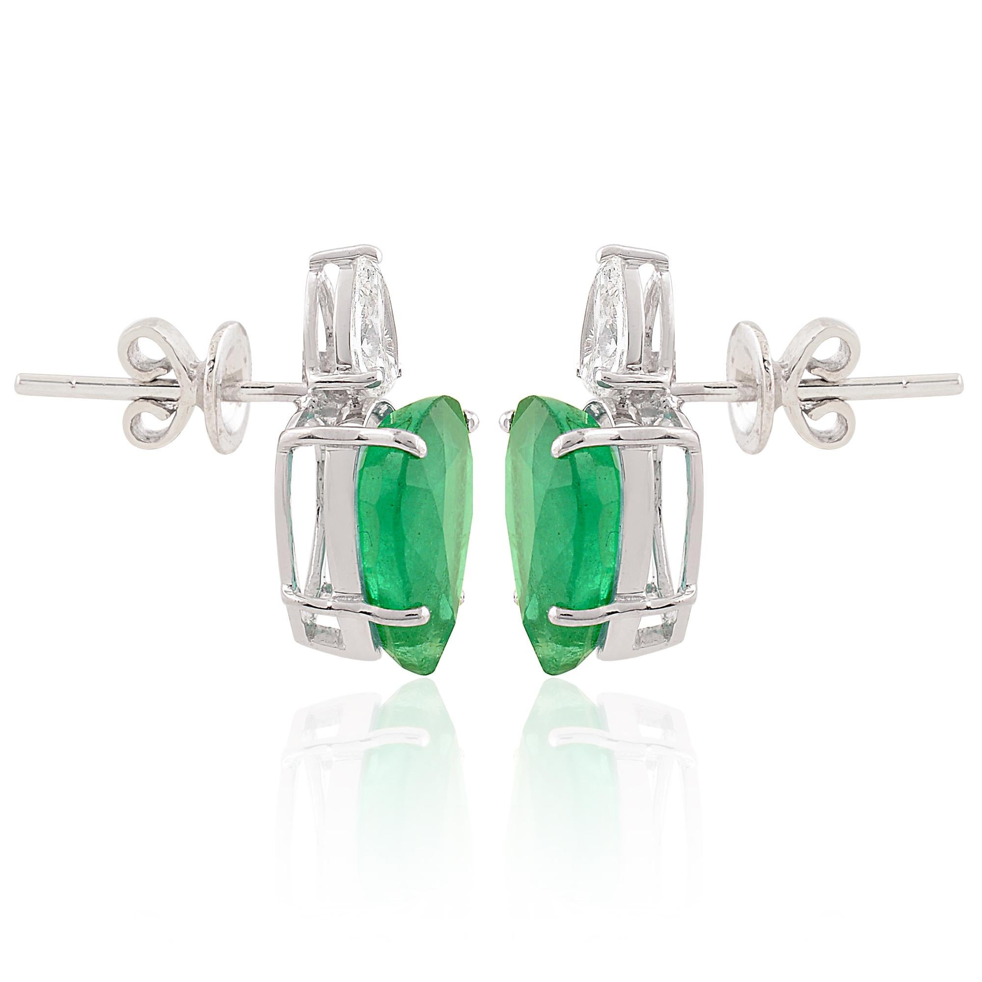 Women's Pear Natural Emerald Stud Earrings Pear Shape Diamond 14k White Gold Jewelry For Sale