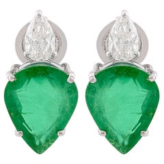 Boucles d'oreilles émeraude naturelle en forme de poire Diamant en or blanc 14k