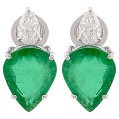 Pear Natural Emerald Stud Earrings Pear Shape Diamond 14k White Gold Jewelry