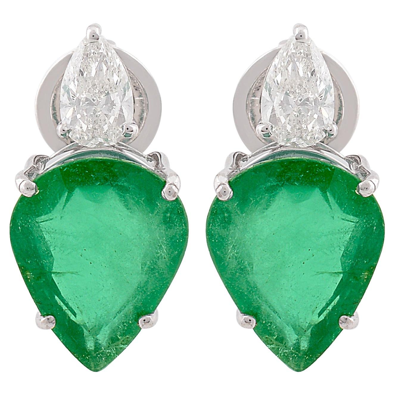Pear Natural Emerald Stud Earrings Pear Shape Diamond 14k White Gold Jewelry
