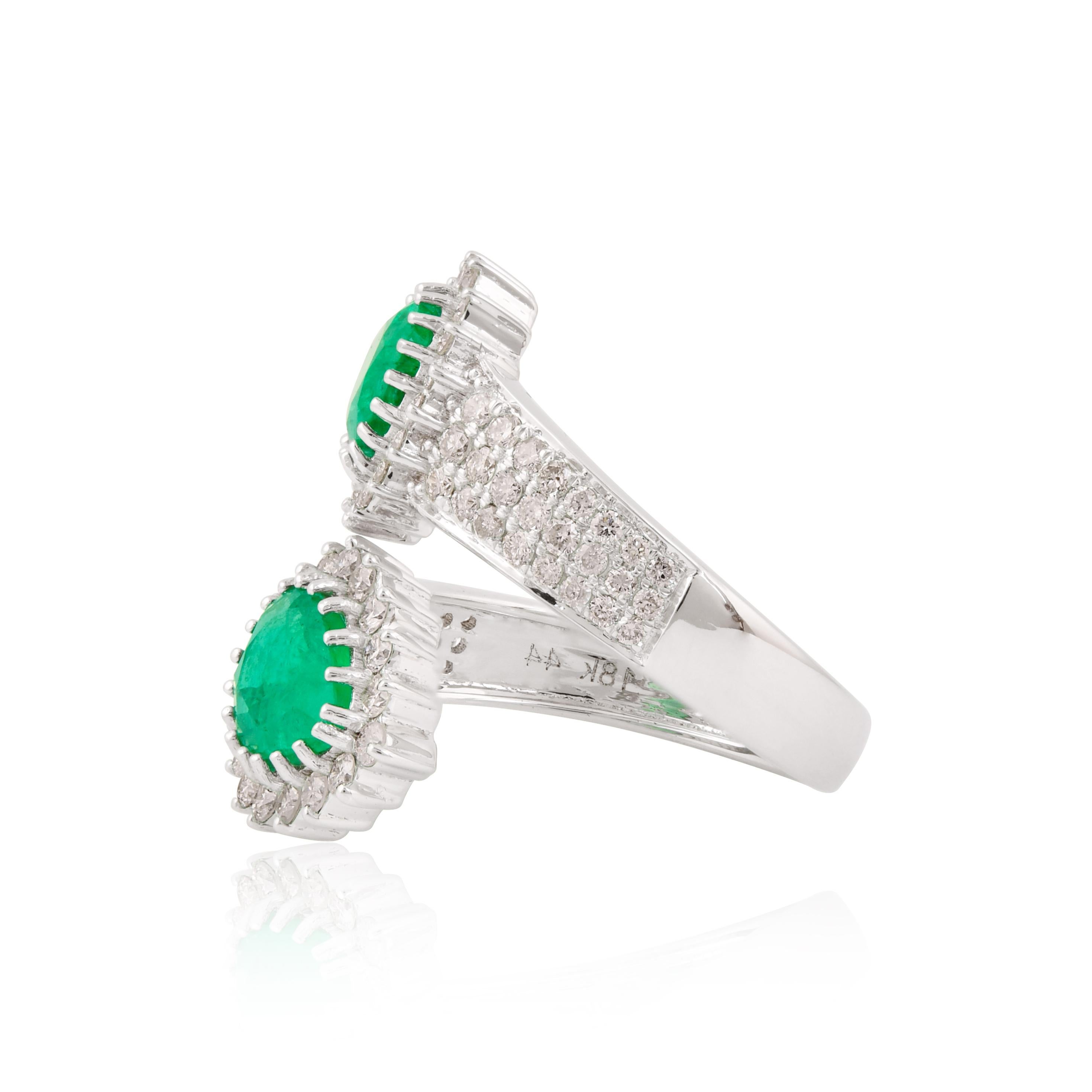 For Sale:  Pear Natural Emerald Wrap Ring Diamond Pave Solid 18k White Gold Fine Jewelry 6