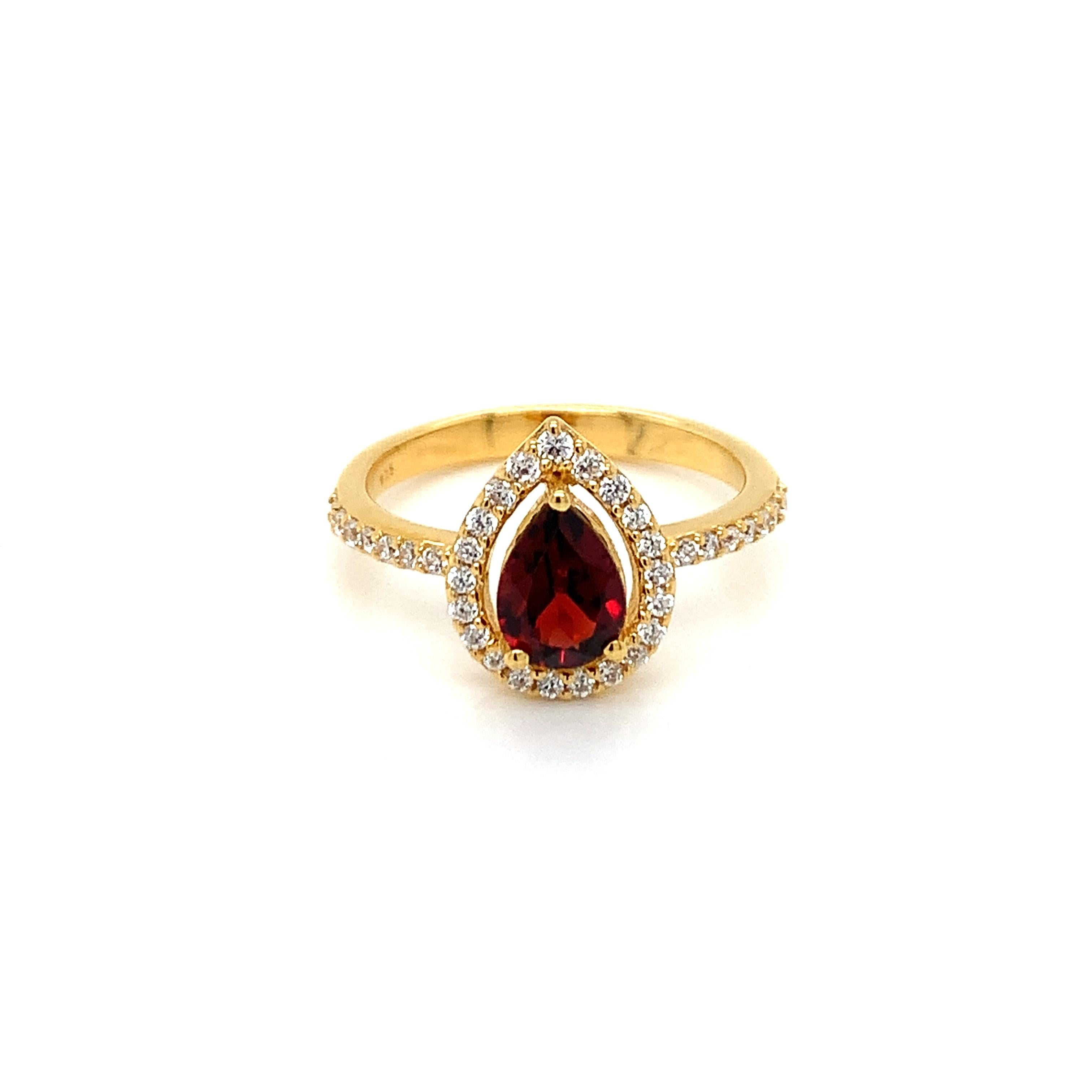 Pear Natural Garnet And CZ Yellow Gold Over Sterling Silver Ring In New Condition For Sale In Fort Lee, NJ