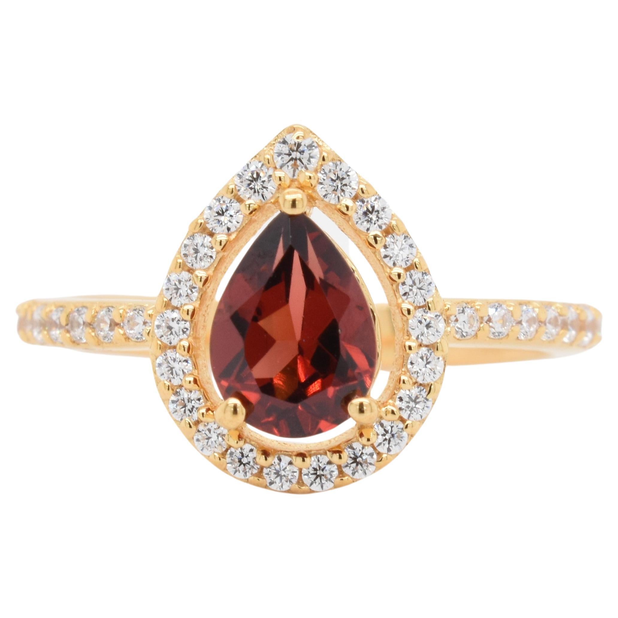 Pear Natural Garnet And CZ Yellow Gold Over Sterling Silver Ring For Sale