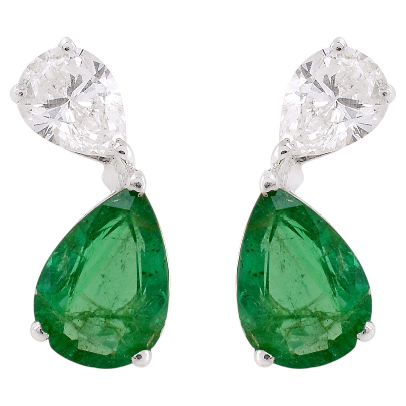 Pear Natural Zambian Emerald SI/H Diamond Stud Earrings 18k White Gold