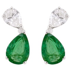 Pear Natural Zambian Emerald SI/H Diamond Stud Earrings 18k White Gold