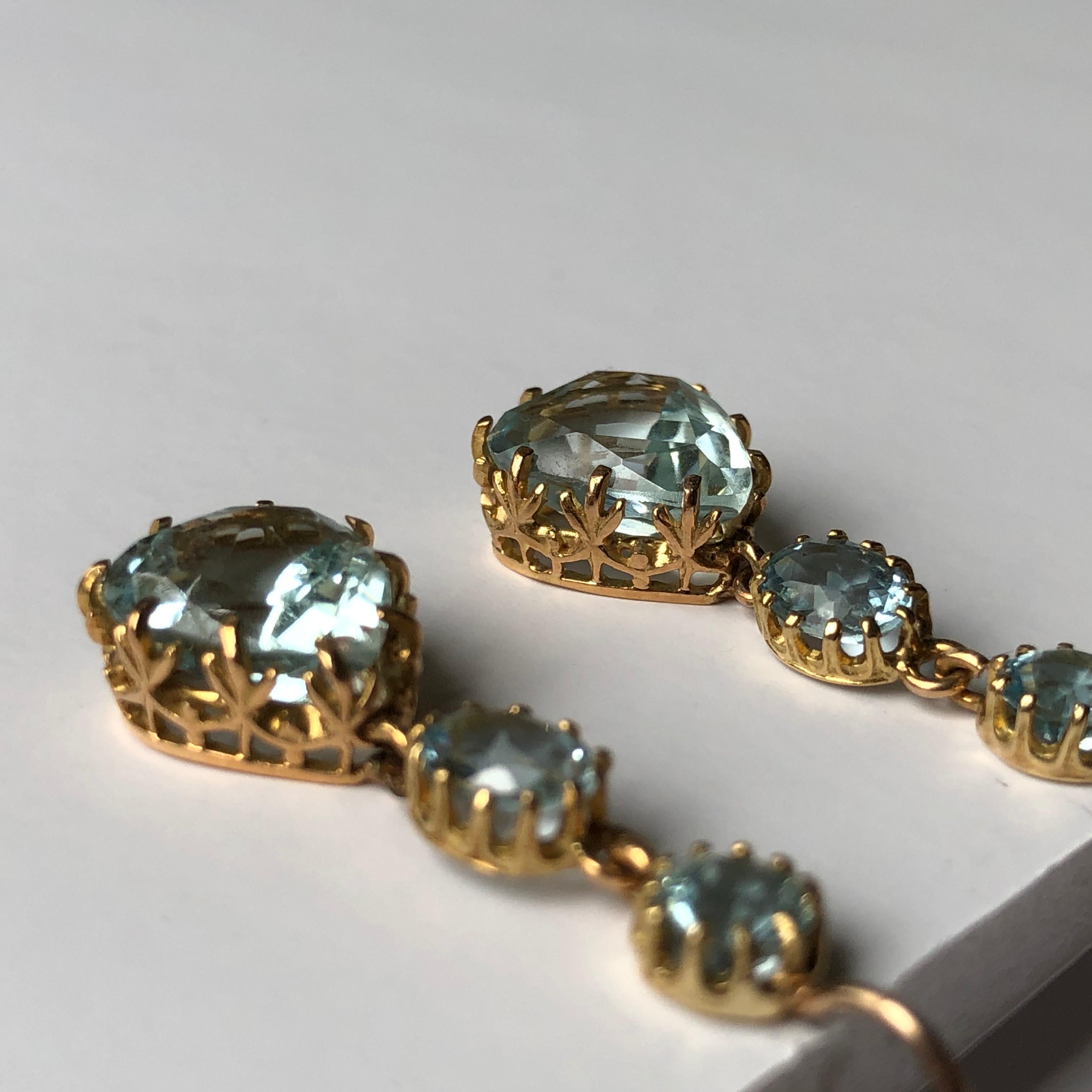 Old European Cut Pear and Old Cut Triple Aquamarine Drop Chandelier Earrings 18 Karat Yellow Gold For Sale