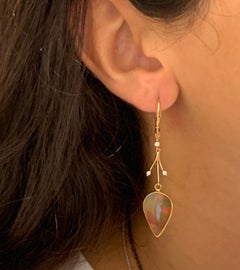 Pear Shaped Opal and Round Diamond Long Drop Leaf Earrings 14K Yellow Gold