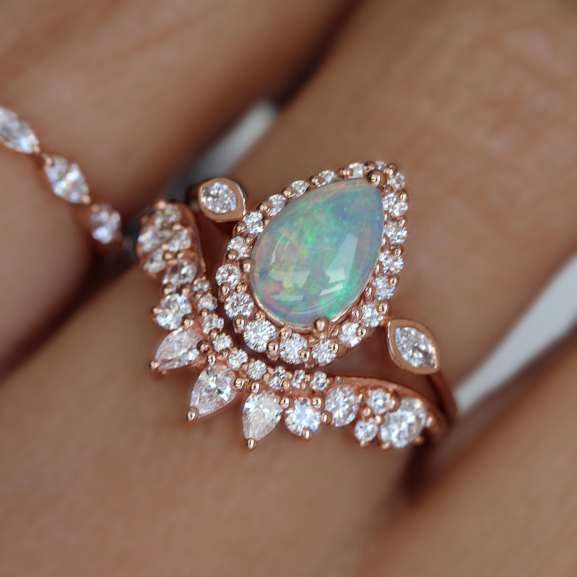 Art Deco Pear Opal and Diamond Halo Unique Victorian Vintage Inspired Engagement Ring Zoe
