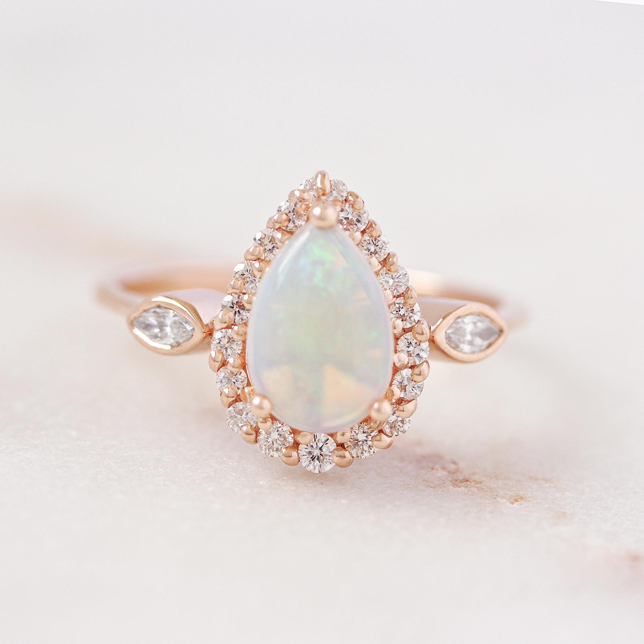 Pear Cut Pear Opal and Diamond Halo Unique Victorian Vintage Inspired Engagement Ring Zoe