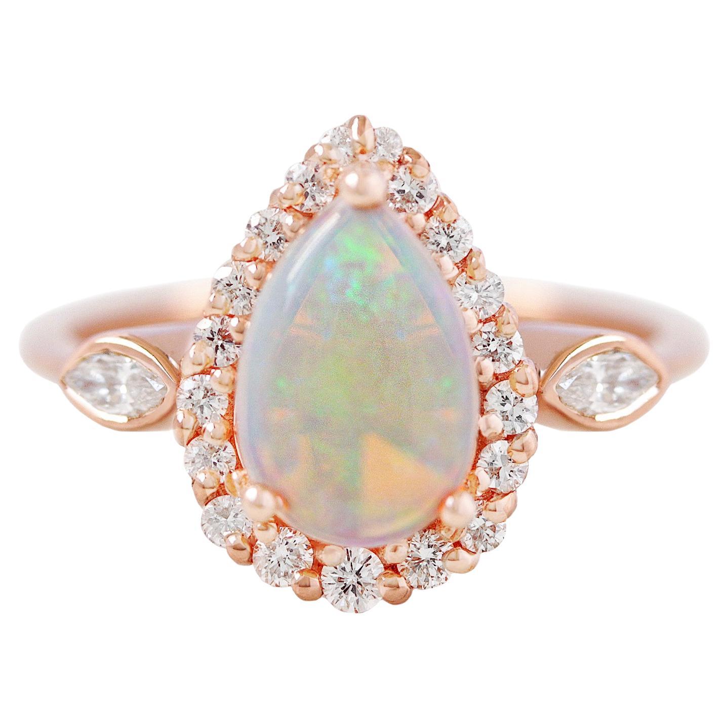 Pear Opal and Diamond Halo Unique Victorian Vintage Inspired Engagement Ring Zoe