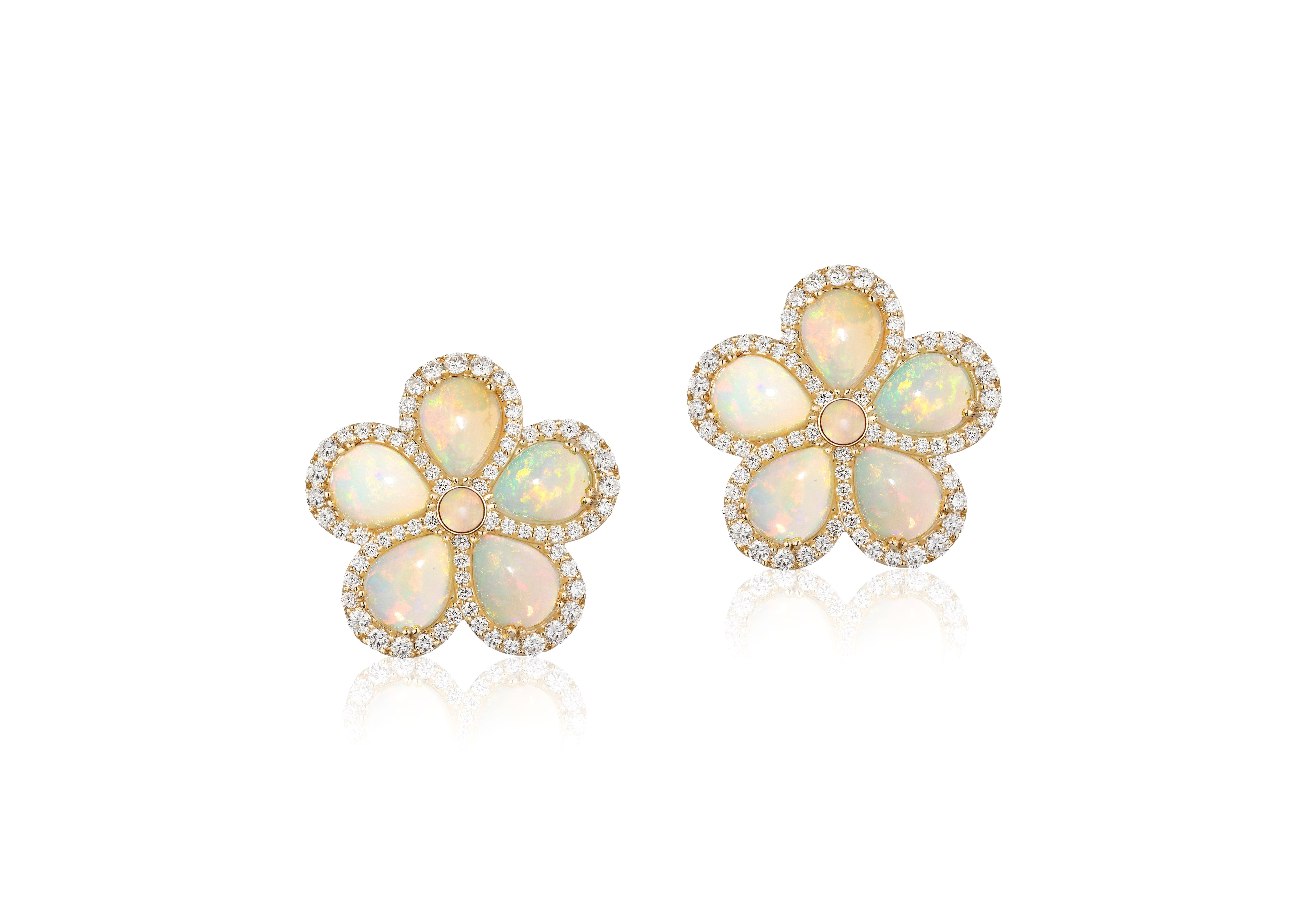  Pear Opal Cluster Earrings with Diamonds in 18k Yellow Gold with Omega Back, from 'G-One' Collection

Stone Size: 9 x 7 mm

Gemstone Weight: Opal- 10.28 Carats

 Diamond: G-H / VS, Approx Wt: 1.48 Carats.