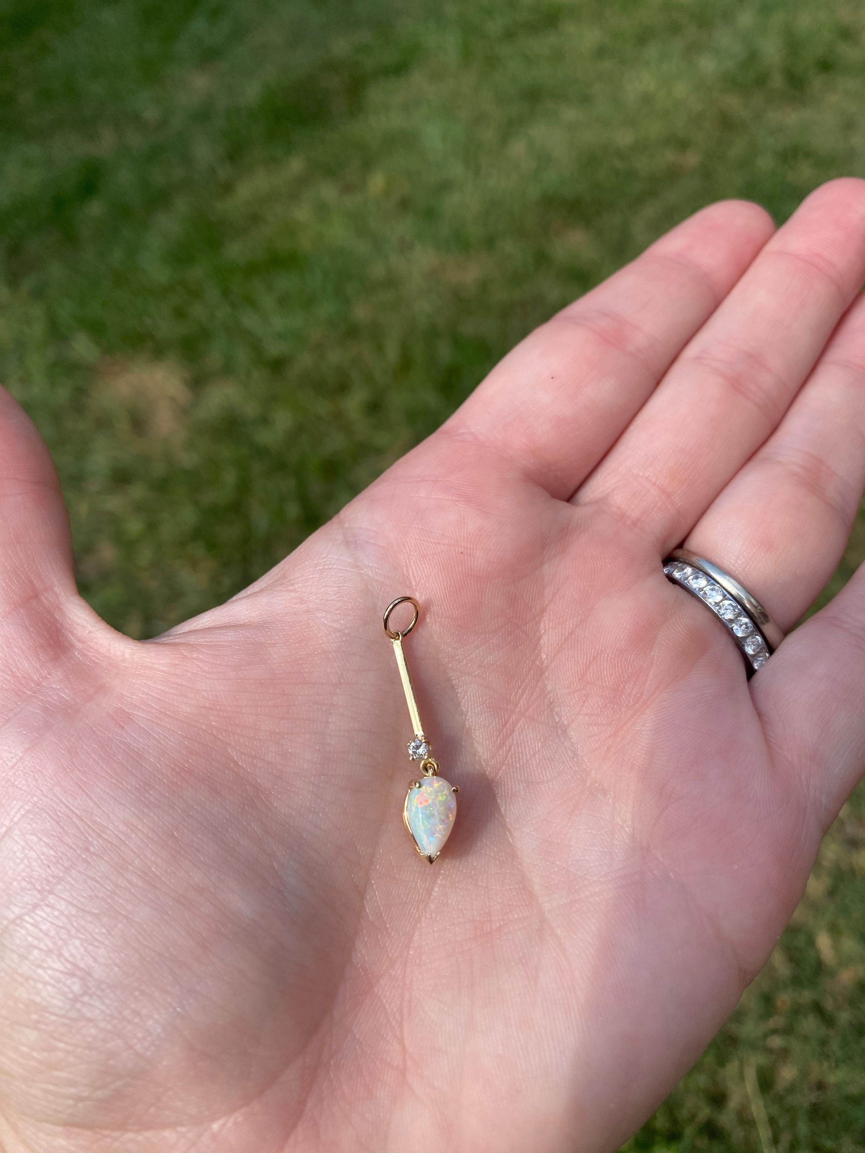 Women's or Men's Pear Opal Diamond Dangle Charm, 14K Yellow Gold, Length 1.25 Inch