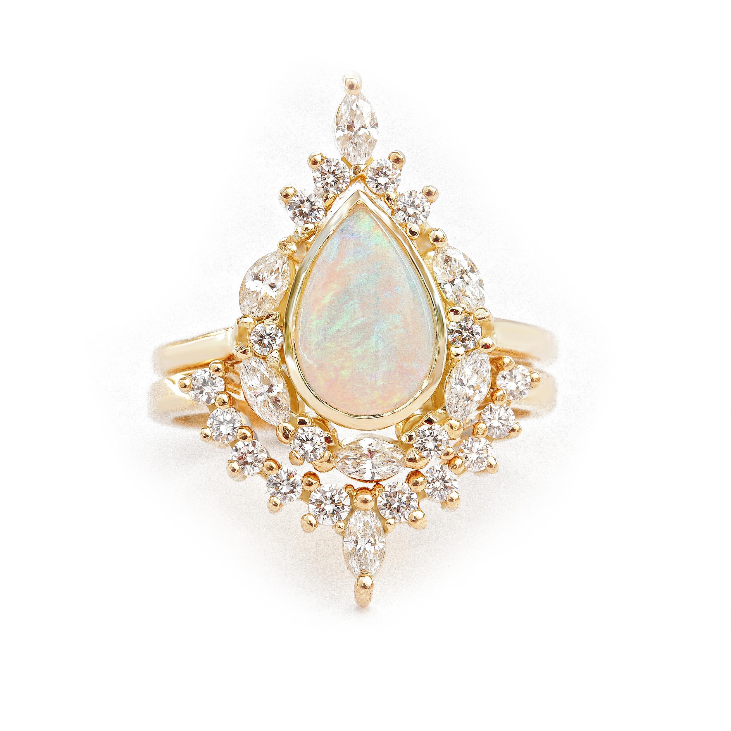 Art Deco Pear Opal Unique Engagement Ring, Matching Diamond Band, Two Ring Set - Eva For Sale