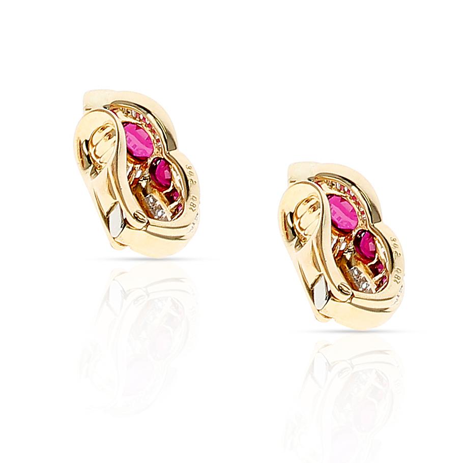 Pear, Oval and Square Ruby with Round and Baguette Diamond Earrings, 18K Gold In Excellent Condition In New York, NY