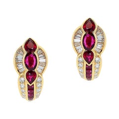 Pear, Oval and Square Ruby with Round and Baguette Diamond Earrings, 18K Gold