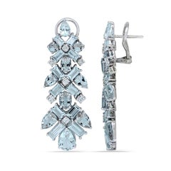 Pear, Oval & Baguette Aquamarine and Diamond Drop Earrings in 18K White Gold