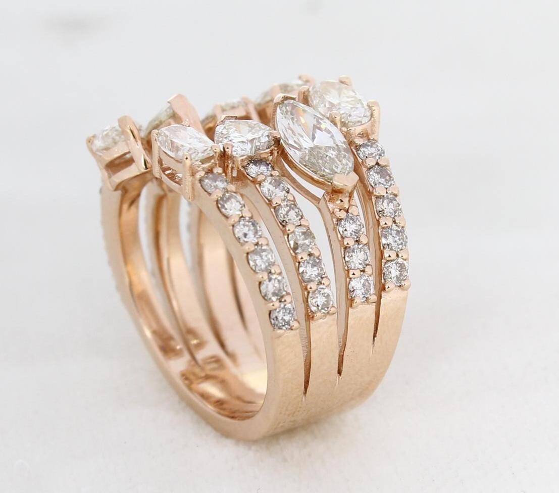Taille poire Bague à large bande en or massif 14K avec diamant poire et ovale (certifié) en vente