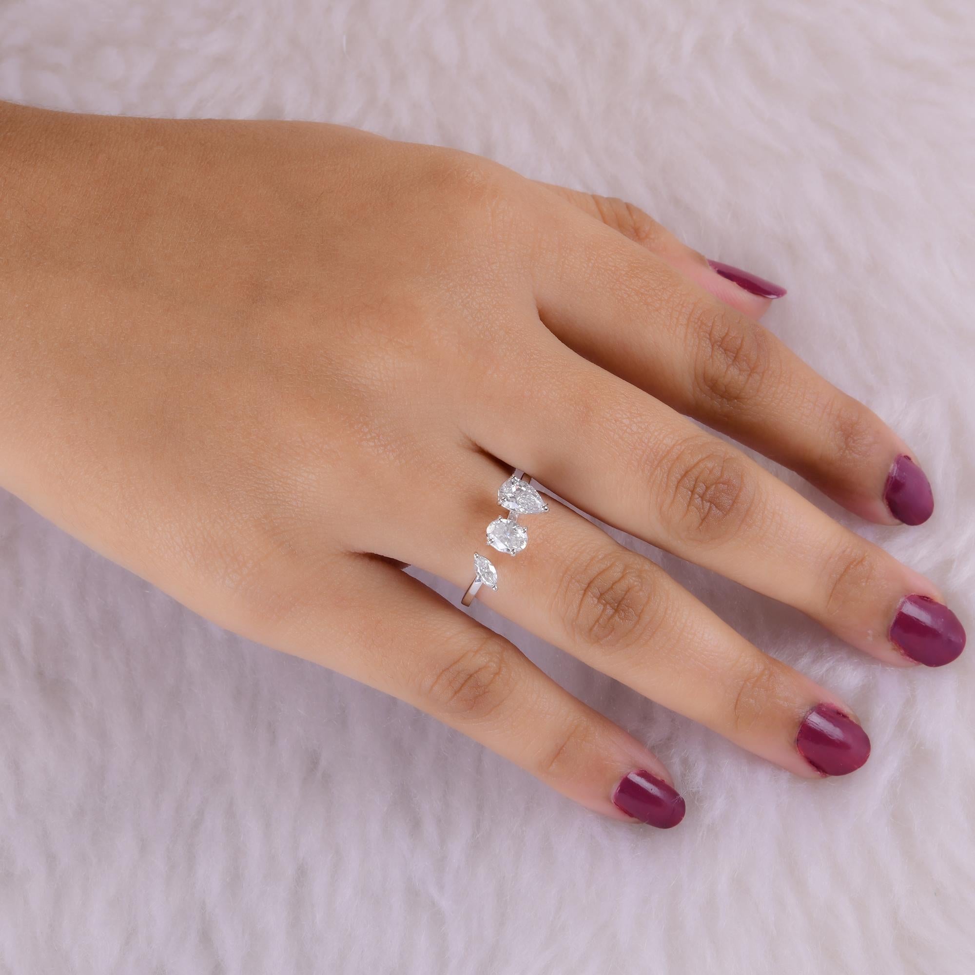 Modern Pear Oval & Marquise Diamond Cuff Ring 14 Karat White Gold Handmade Fine Jewelry For Sale