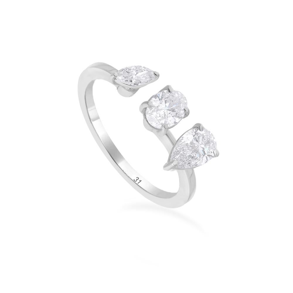 Women's Pear Oval & Marquise Diamond Cuff Ring 14 Karat White Gold Handmade Fine Jewelry For Sale