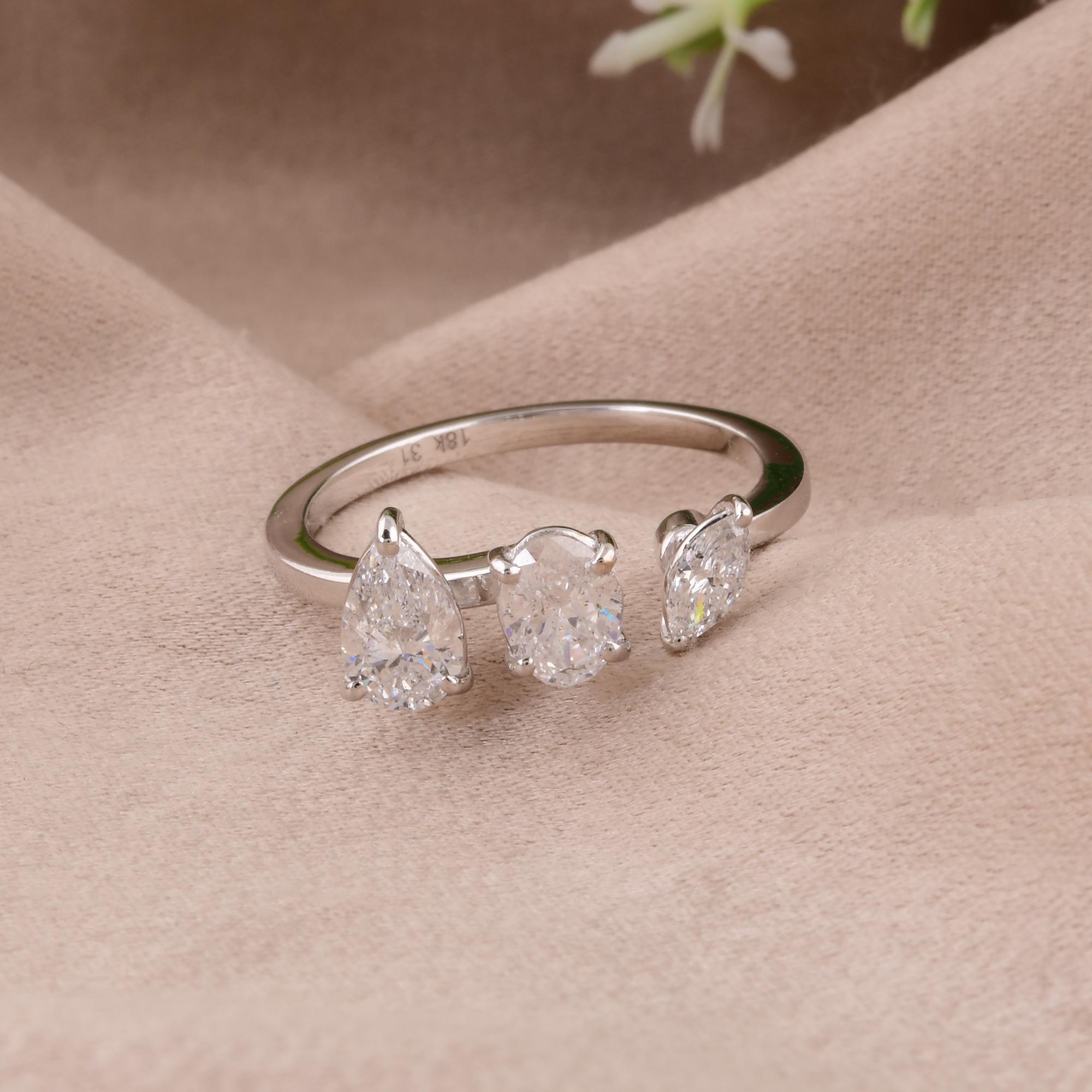 Women's Pear Oval & Marquise Diamond Cuff Ring 18 Karat White Gold Handmade Fine Jewelry For Sale
