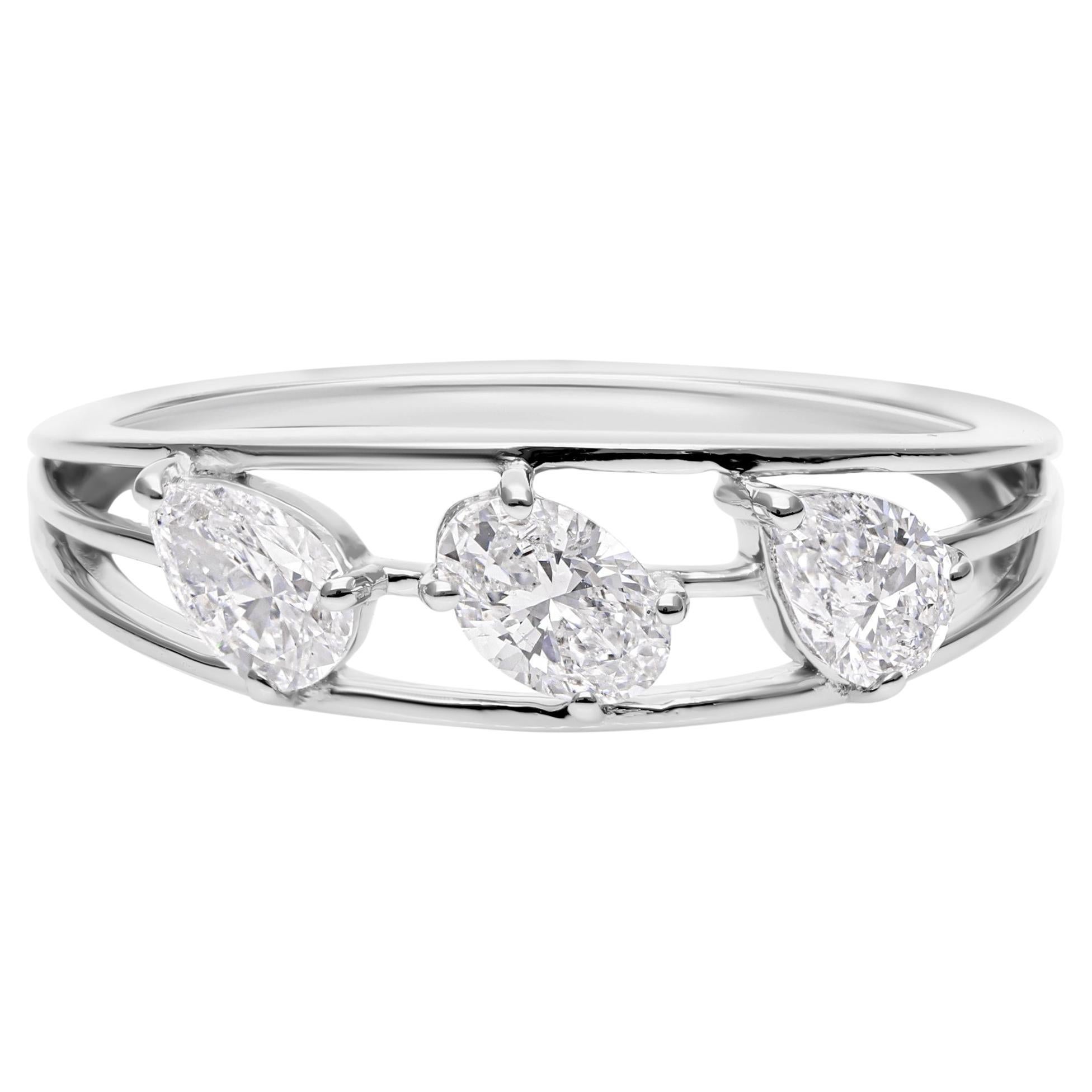 Bague à trois pierres en or blanc 18k avec diamant naturel SI/H de forme ovale de poire Tous les tarifs ont été payés