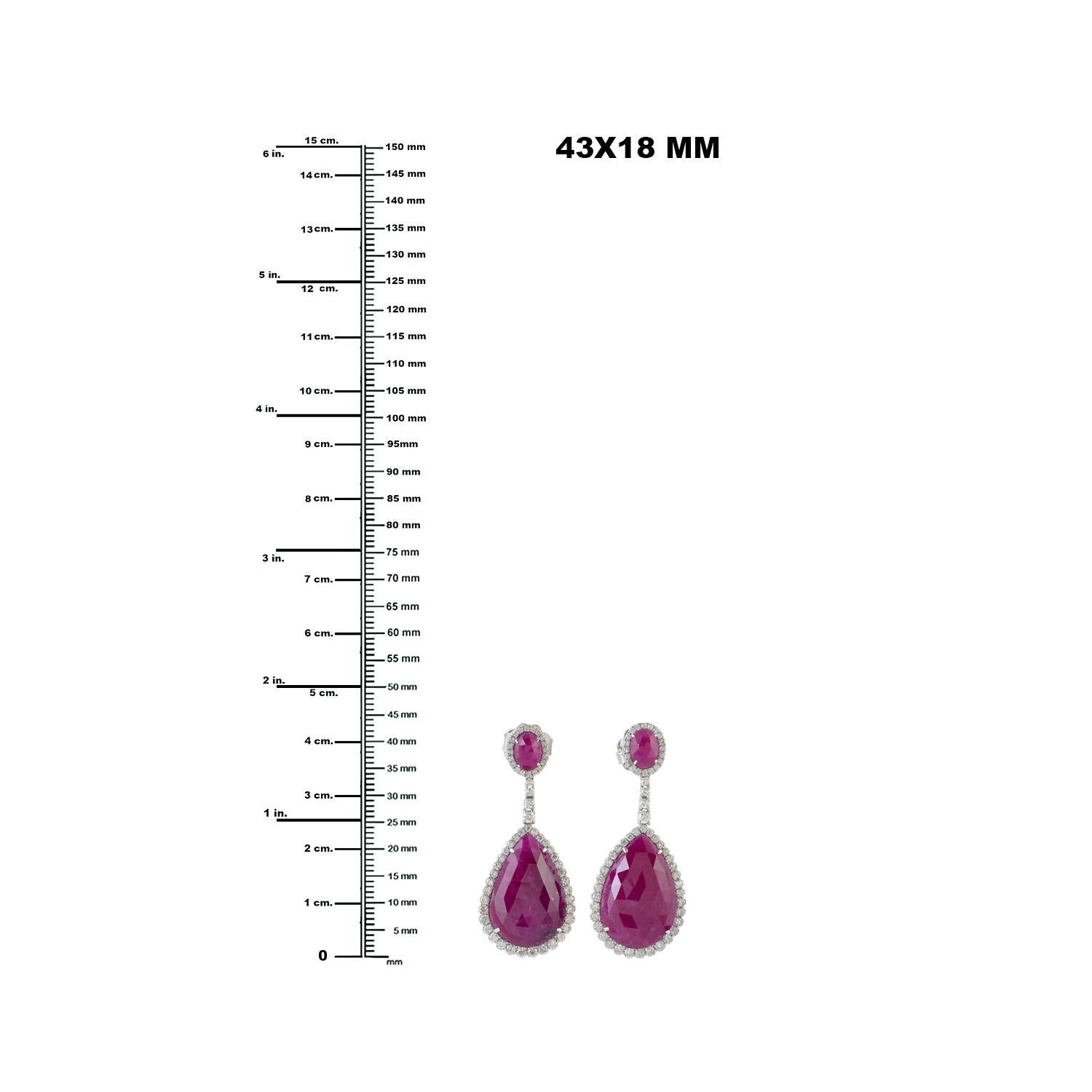 Artisan Pear & Oval Shaped Ruby 2 Tier Dangle Earrings With Diamonds In 18k White Gold For Sale