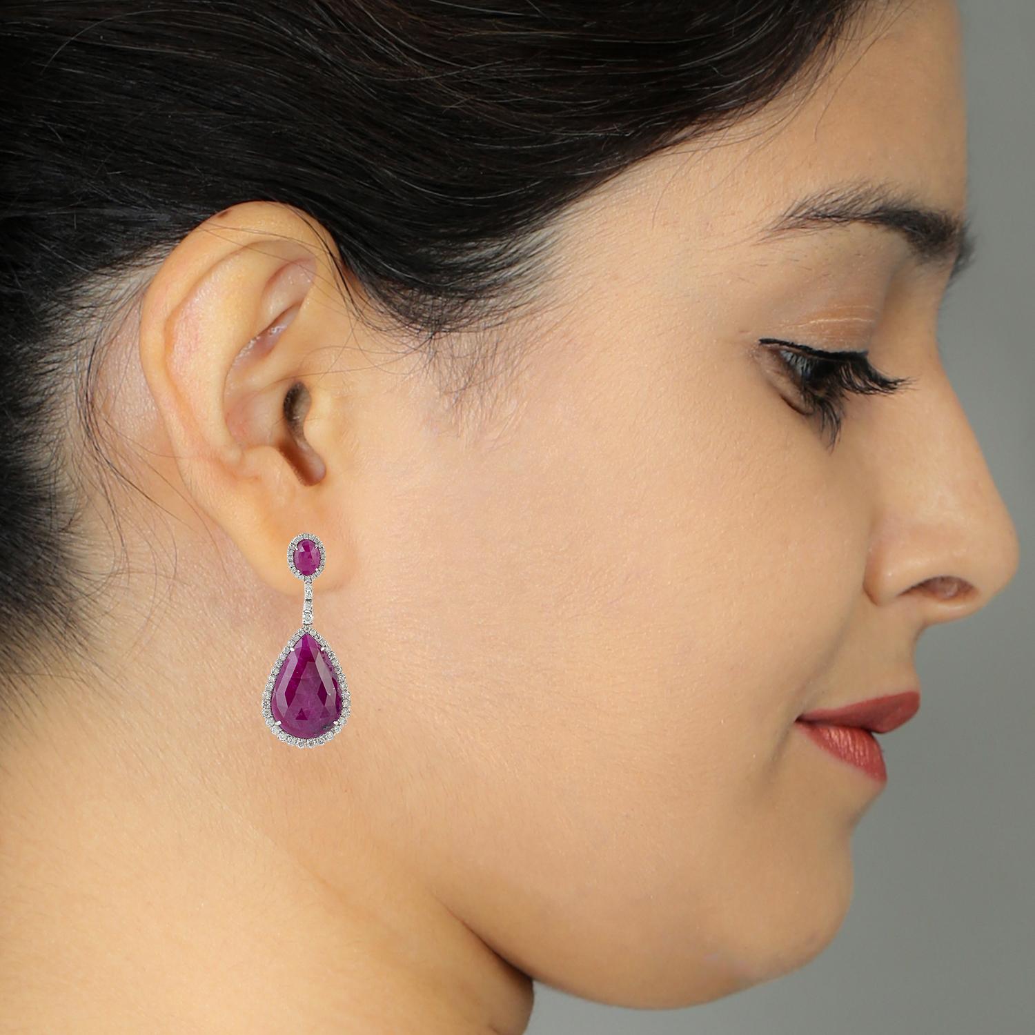 Mixed Cut Pear & Oval Shaped Ruby 2 Tier Dangle Earrings With Diamonds In 18k White Gold For Sale