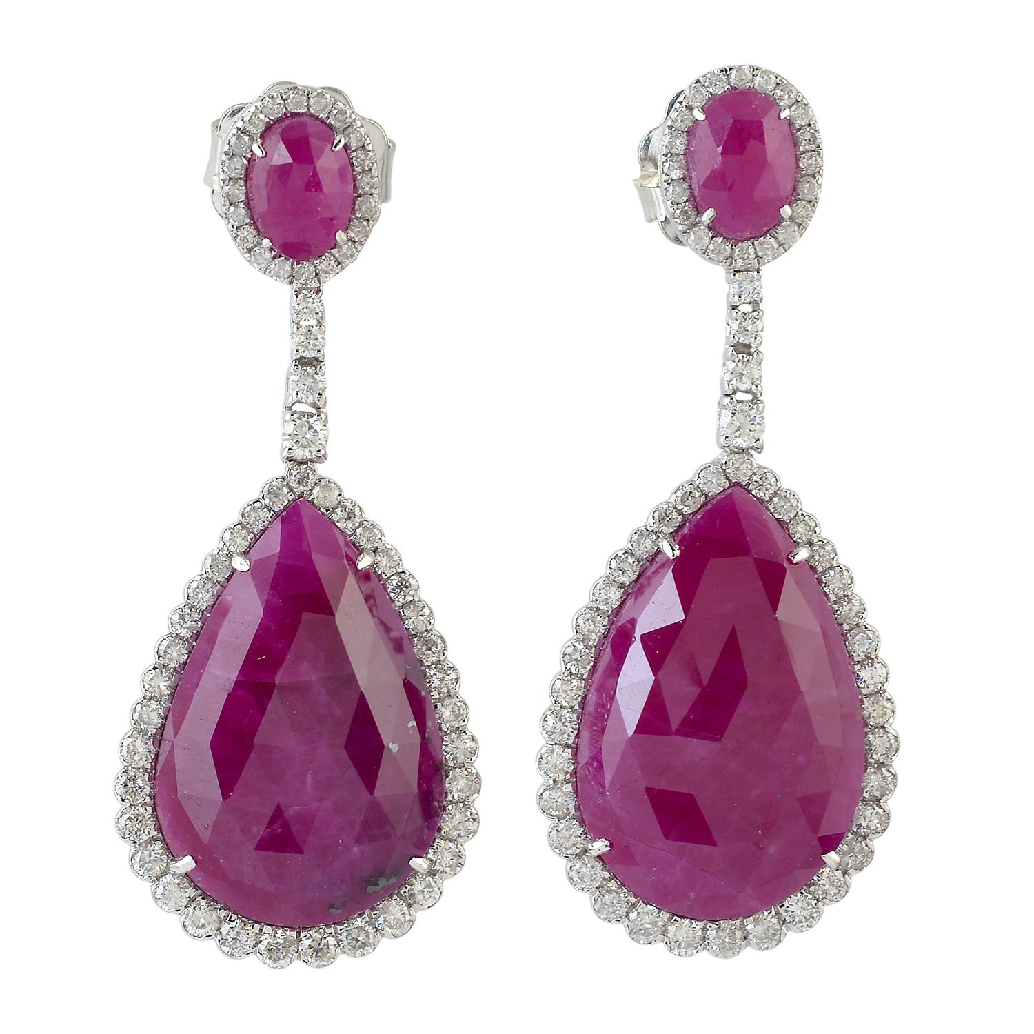 Pear & Oval Shaped Ruby 2 Tier Dangle Earrings With Diamonds In 18k White Gold In New Condition For Sale In New York, NY