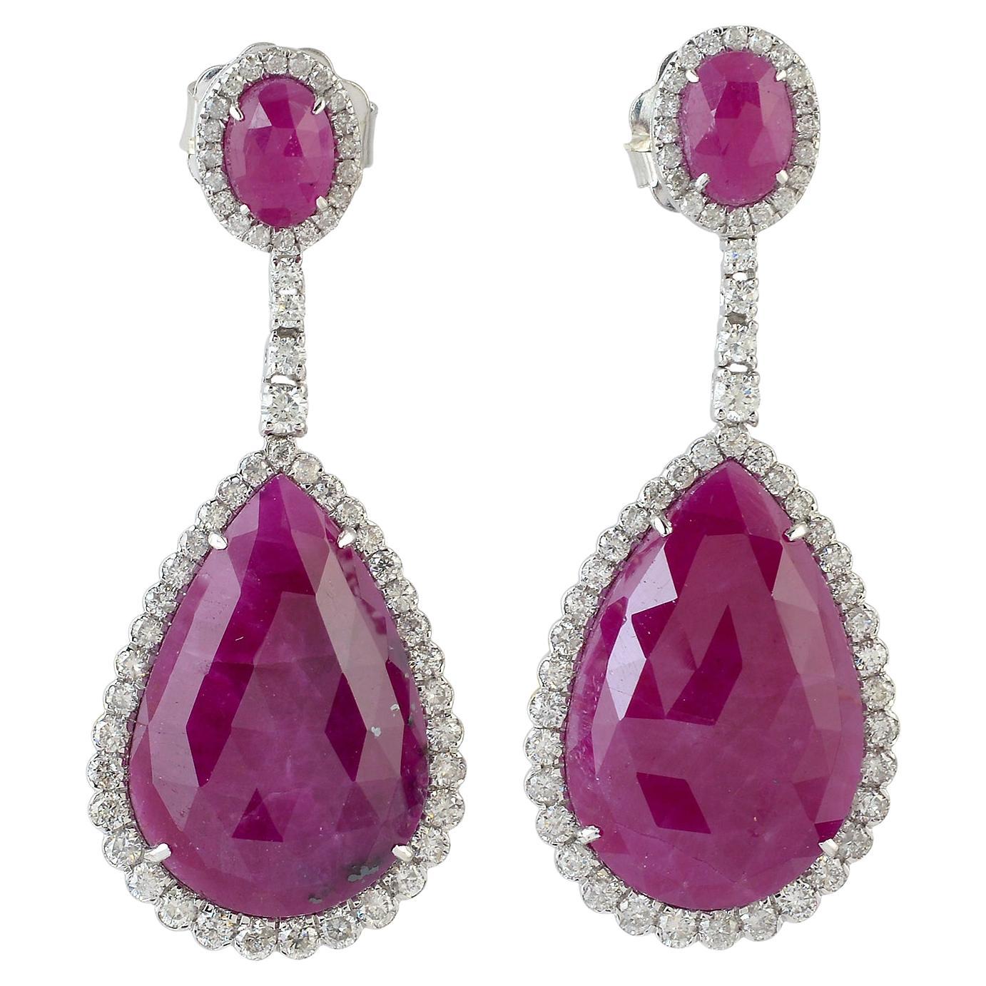 Pear & Oval Shaped Ruby 2 Tier Dangle Earrings With Diamonds In 18k White Gold For Sale