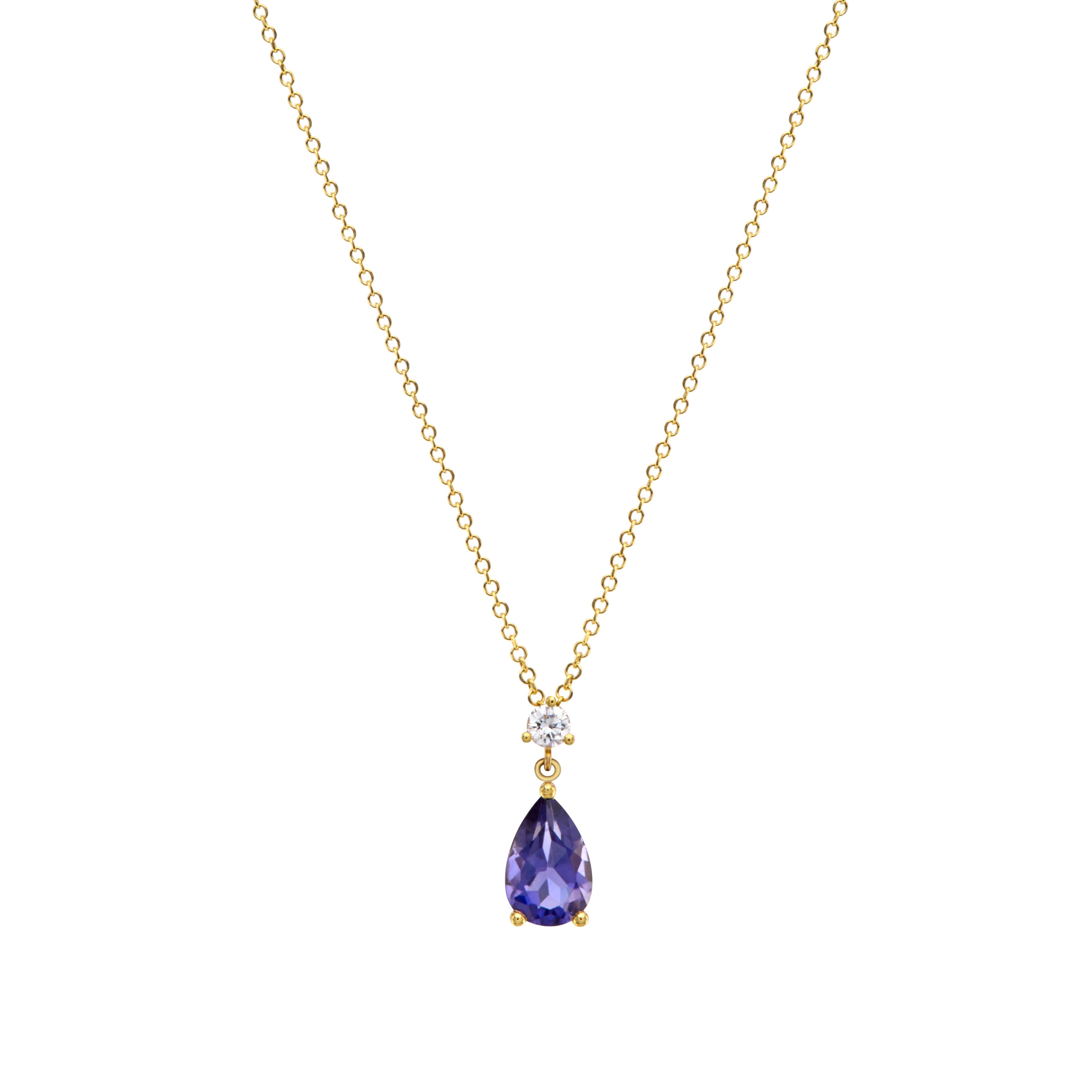 Modern Pear Pendant Mini Necklace in 18Kt Yellow Gold with Iolite and Diamond Easy Wear For Sale