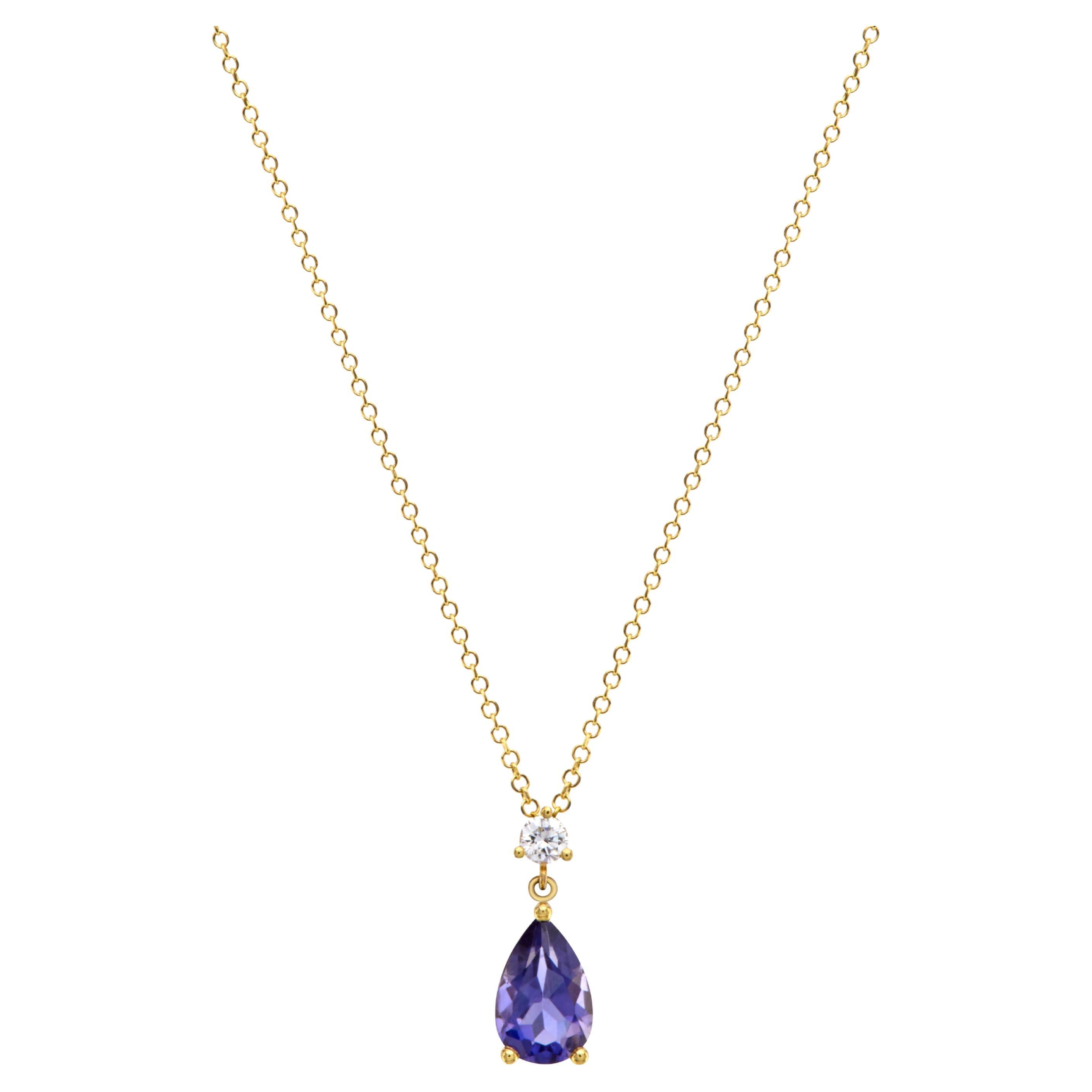 Pear Pendant Mini Necklace in 18Kt Yellow Gold with Iolite and Diamond Easy Wear