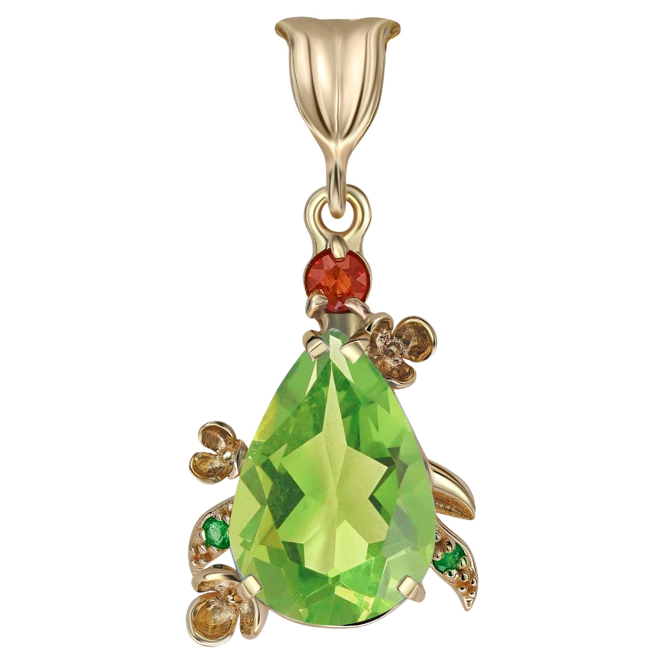 Pear Peridot Pendant in 14 Karat Gold For Sale