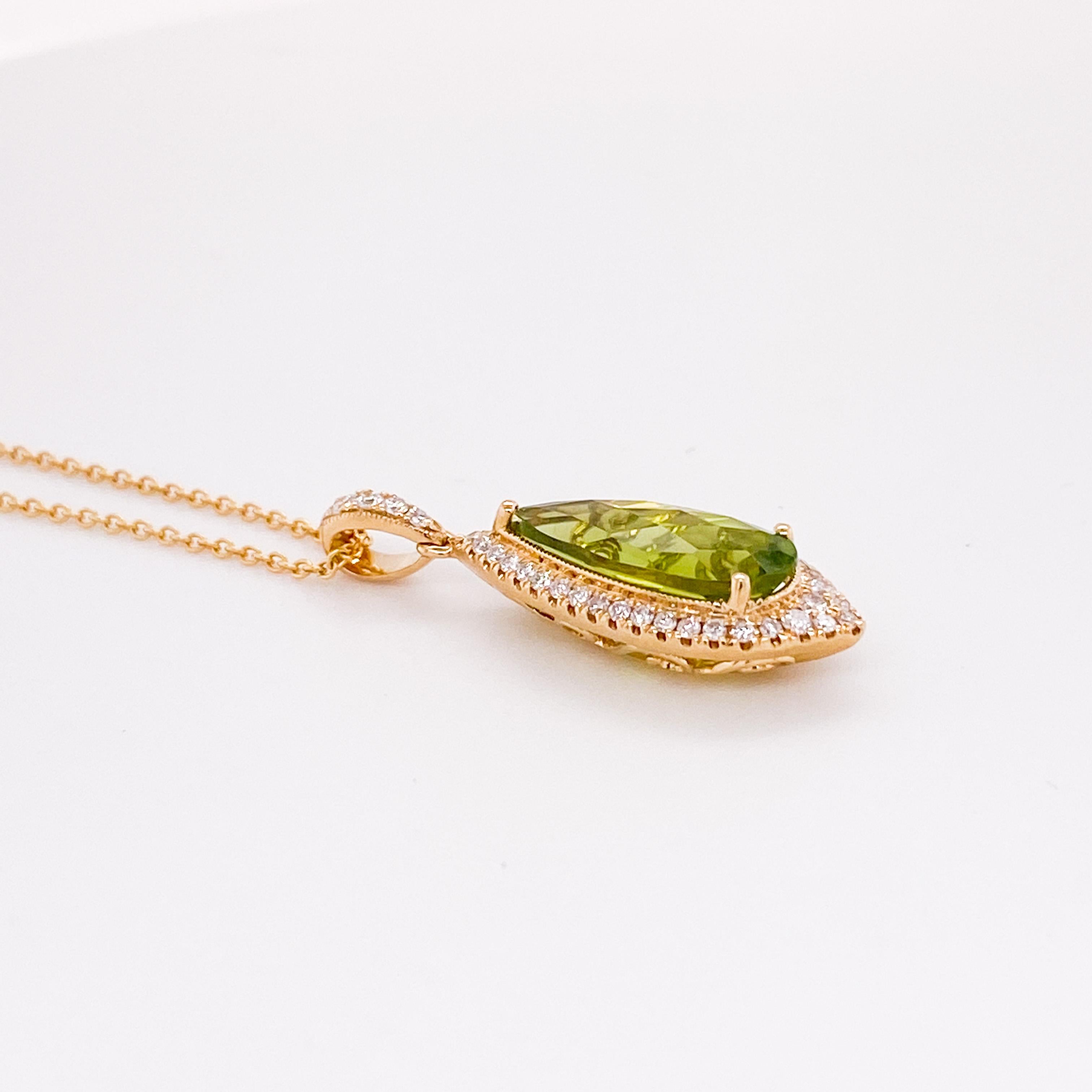 Modern Pear Peridot Pendant with Diamond Halo in 14k Gold 3 Carats Natural Gemostones For Sale