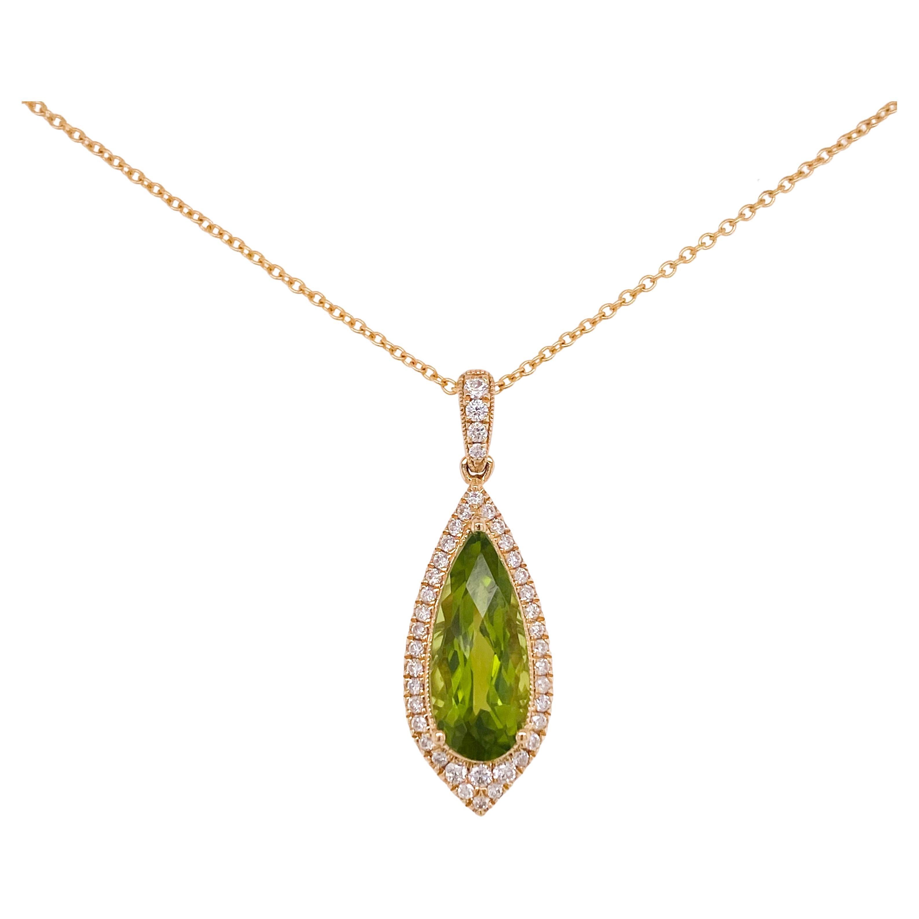 Pear Peridot Pendant with Diamond Halo in 14k Gold 3 Carats Natural Gemostones For Sale