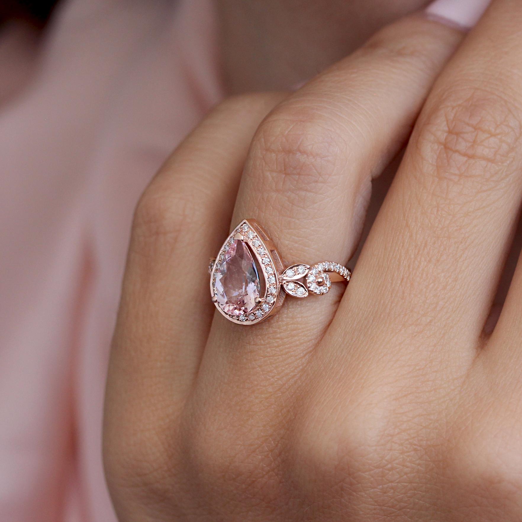 Art Deco Pear Pink Morganite & Diamonds Unique Engagement Wave Band Vintage ring For Sale
