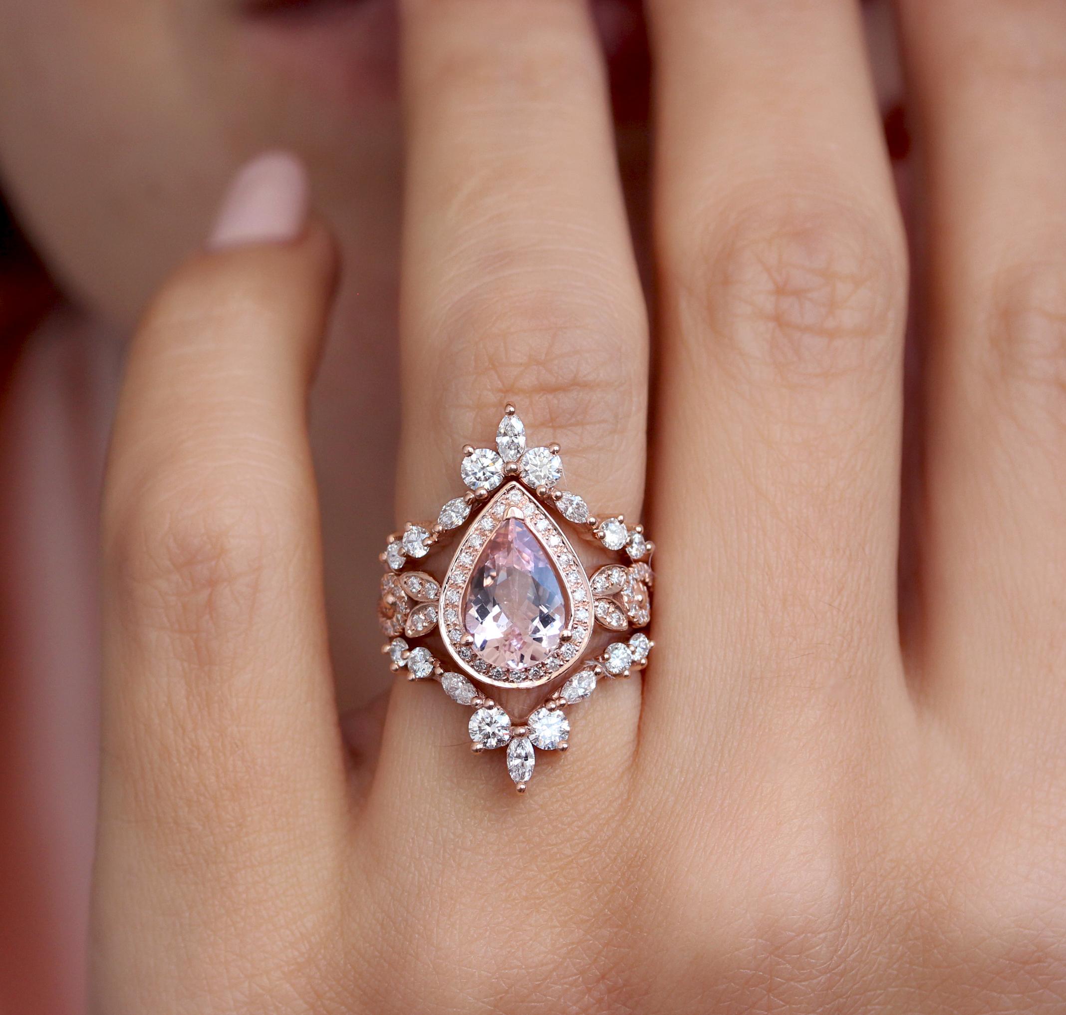 Pear Cut Pear Pink Morganite & Diamonds Unique Engagement Wave Band Vintage ring For Sale