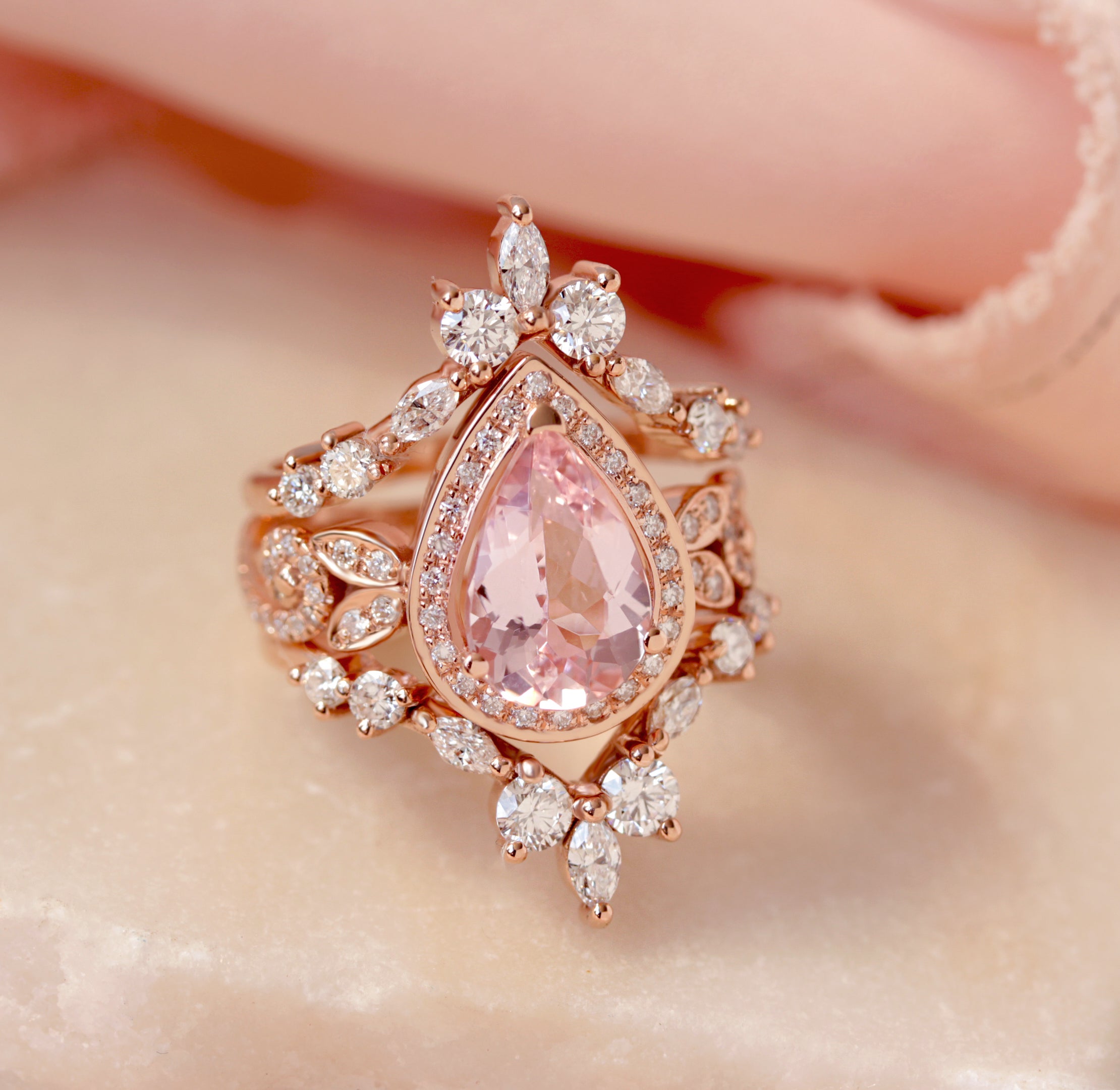 Pear Pink Morganite & Diamonds Unique Engagement Wave Band Vintage ring In New Condition For Sale In Hertsliya, IL