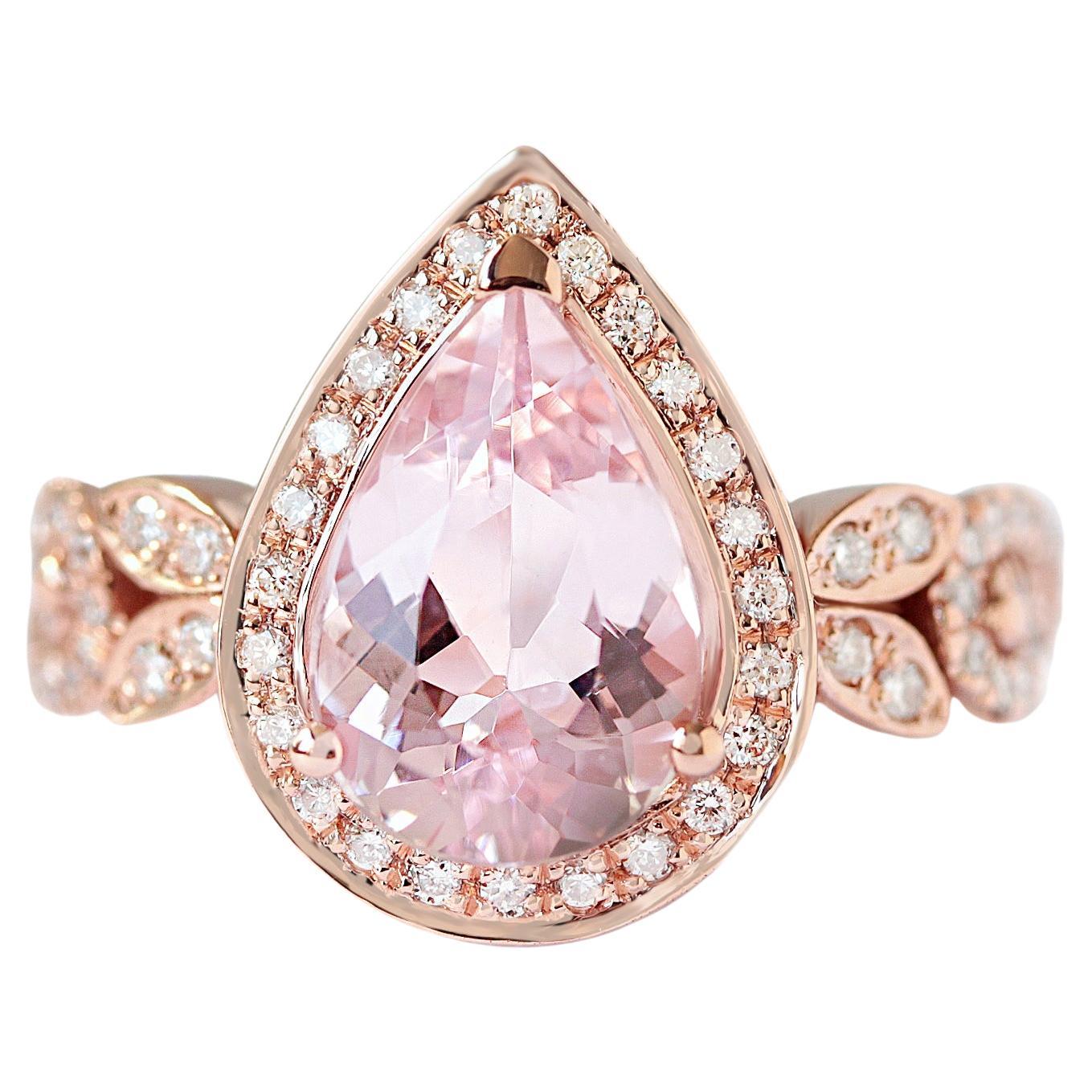 Pear Pink Morganite & Diamonds Unique Engagement Wave Band Vintage ring